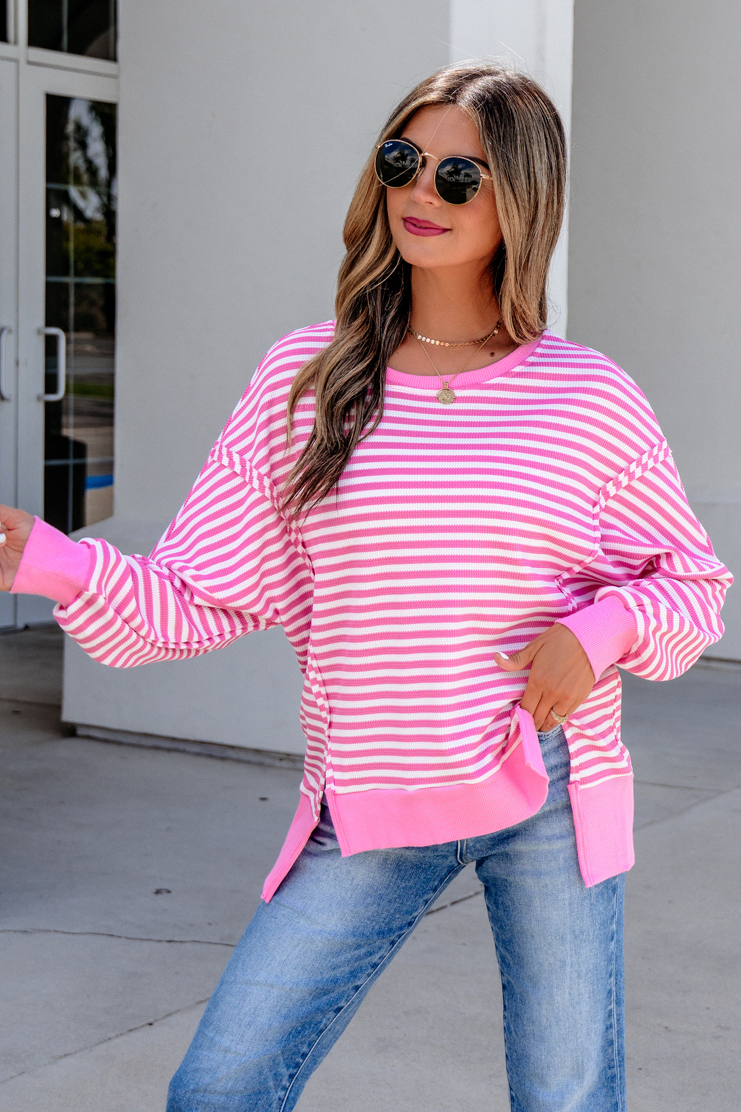 Women's Color Block Trim Top, Soft Waffle Knit Split Hem - Detail View 3