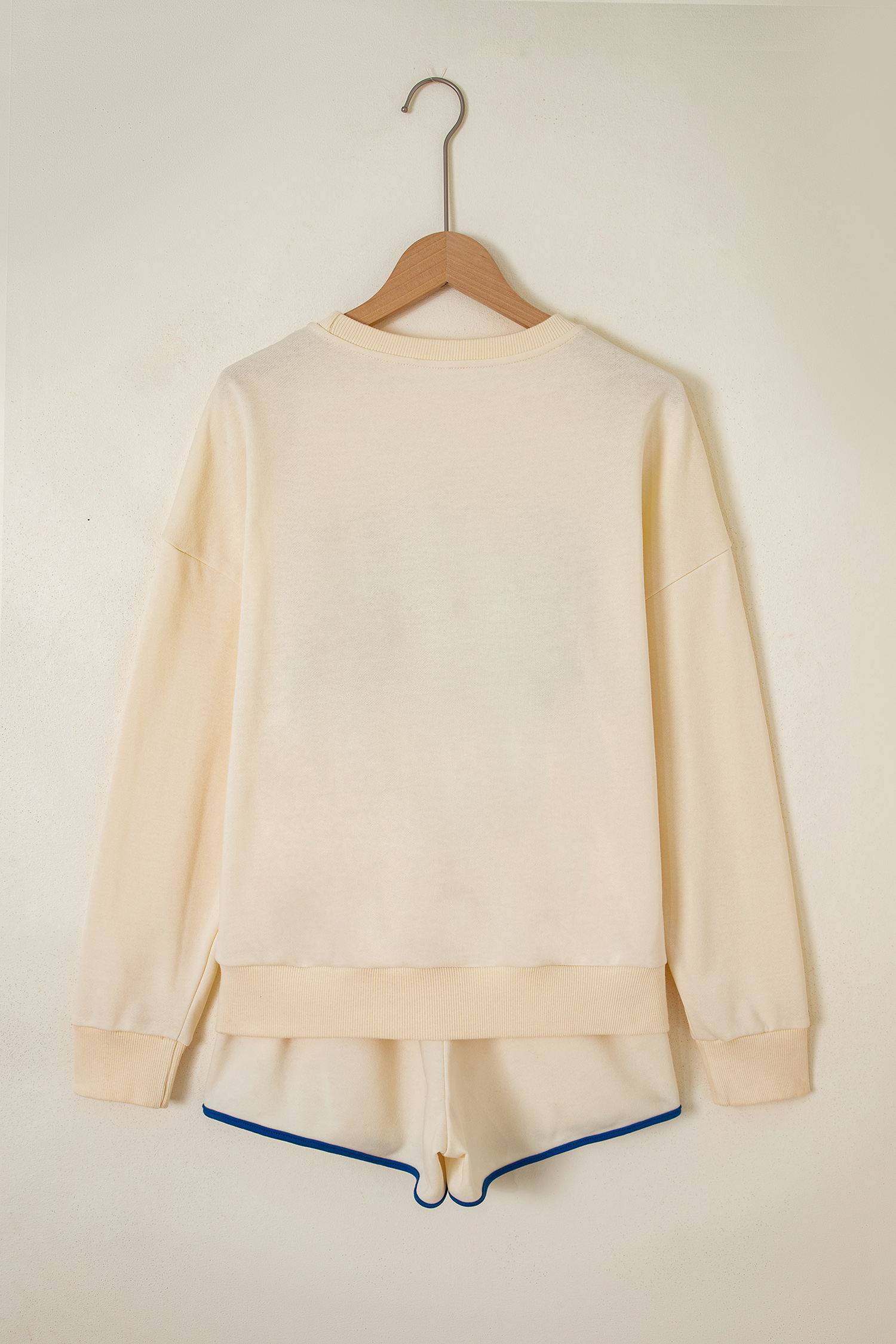 Beige Game Day Short Set, Long Sleeve Crewneck Loungewear - Detail View 5