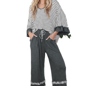 Women's Striped Lounge Set, Casual Gray Two Piece Outfit - Main View