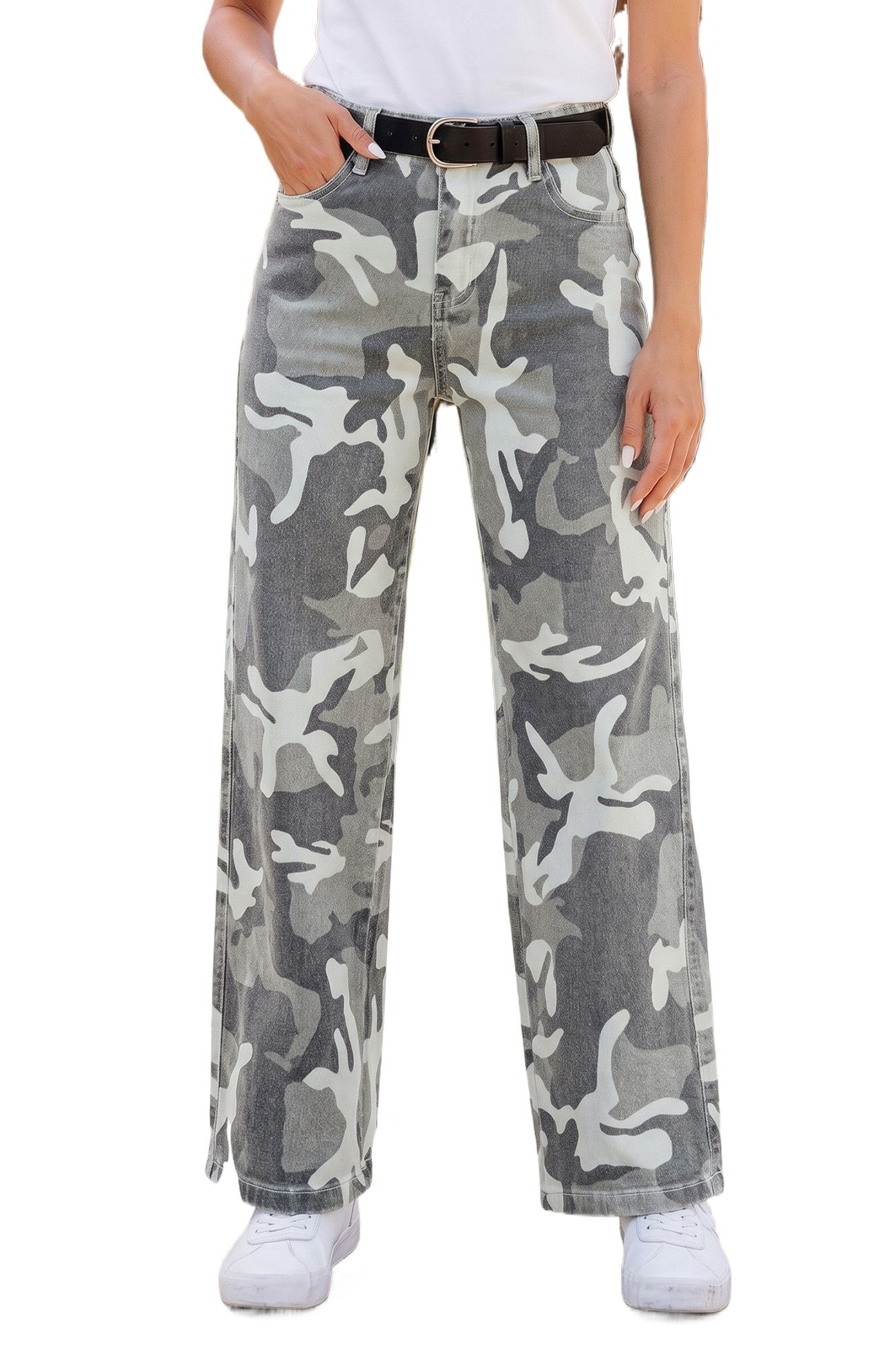Women's Camo Denim Jeans, High Waist Wide Leg Casual Pants - Main View
