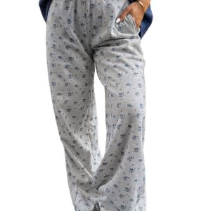 Women's Floral Wide Leg Pants, Casual High Waisted Trousers - Main View