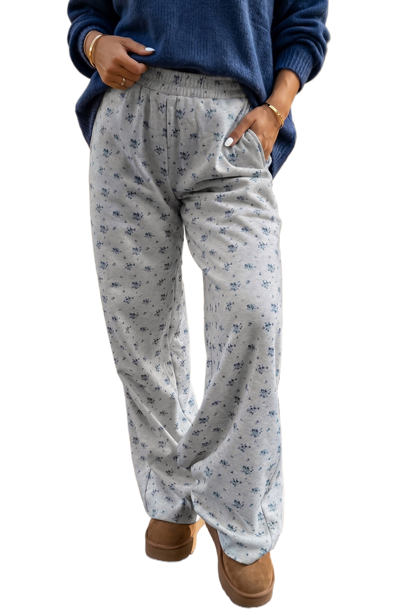 Women's Floral Wide Leg Pants, Casual High Waisted Trousers - Main View