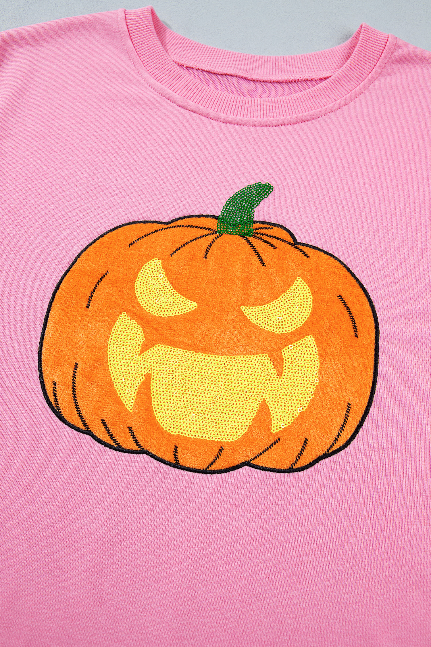 Cute Pumpkin Face Sweatshirt, Pink Autumn Round Neck Shirt - Detail View 9
