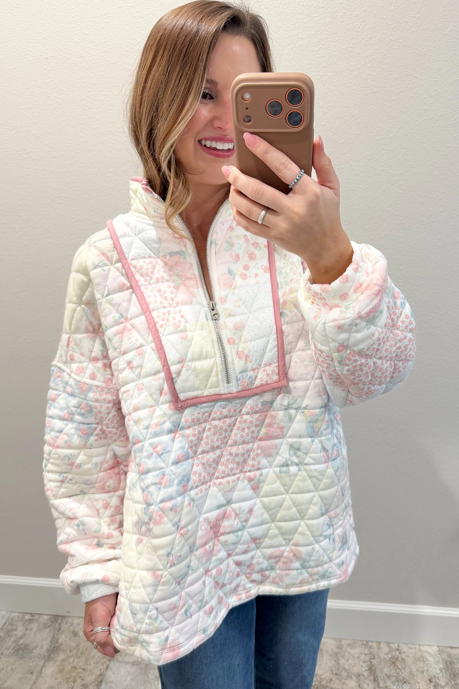 Women's Long Sleeve Quilted Pullover, Floral Print Layer - Detail View 8