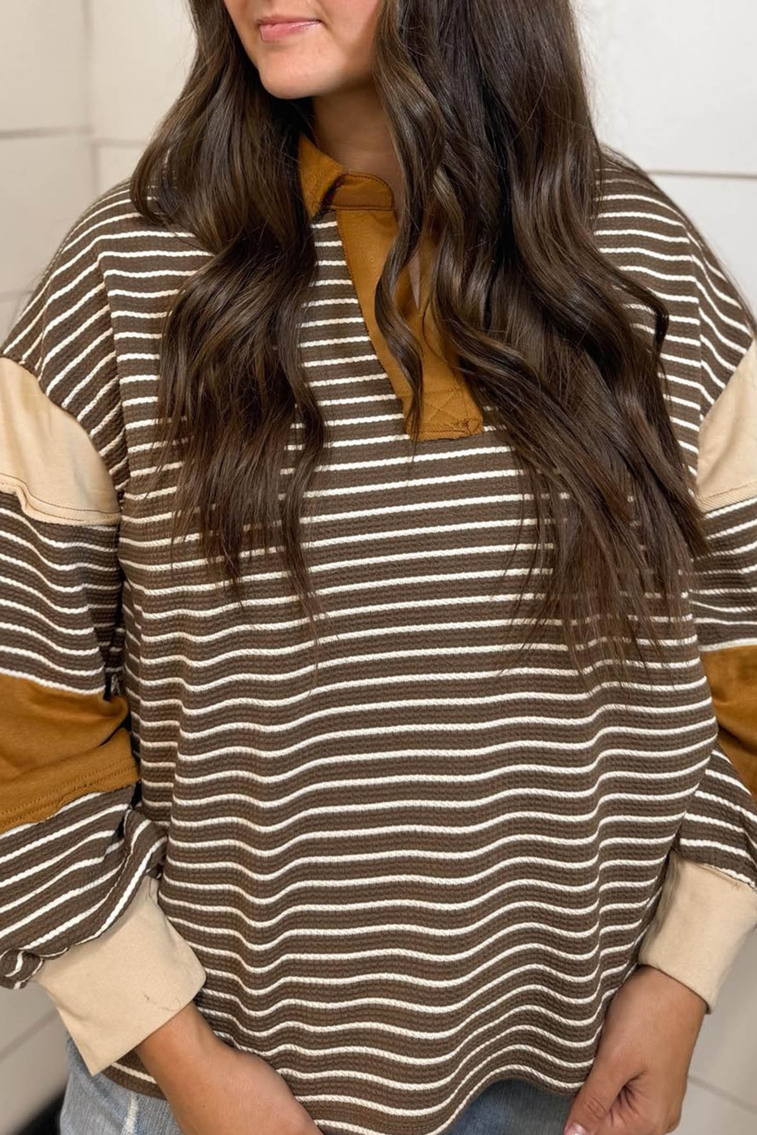 Soft Colorblock Waffle Knit Top, Women's Fall Long Sleeve - Detail View 3