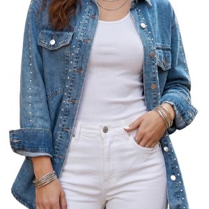 Women's Studded Denim Jacket, Sail Blue Western Style Coat - Main View