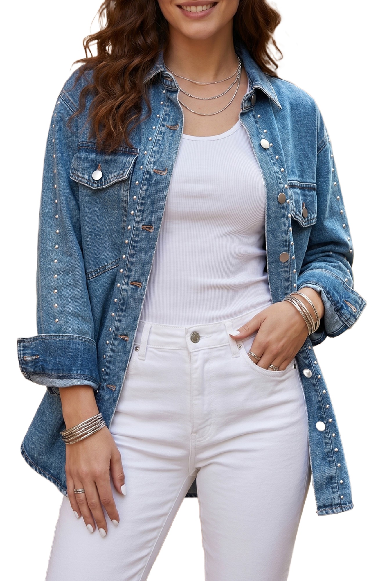 Women's Studded Denim Jacket, Sail Blue Western Style Coat - Main View