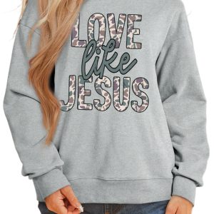 Women's Camo Letter Sweatshirt, Gray Faith Inspired Pullover - Main View