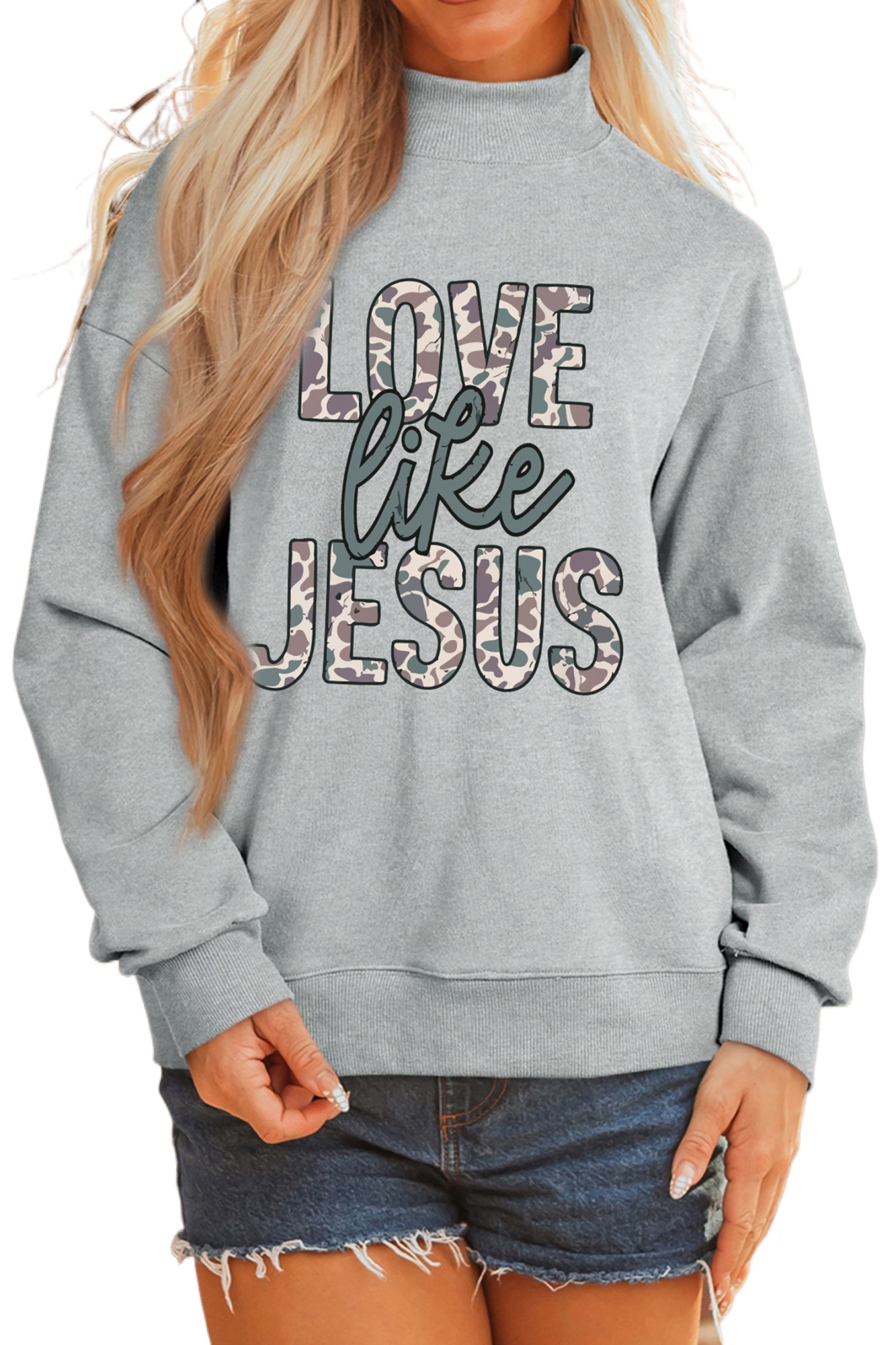 Women's Camo Letter Sweatshirt, Gray Faith Inspired Pullover - Main View