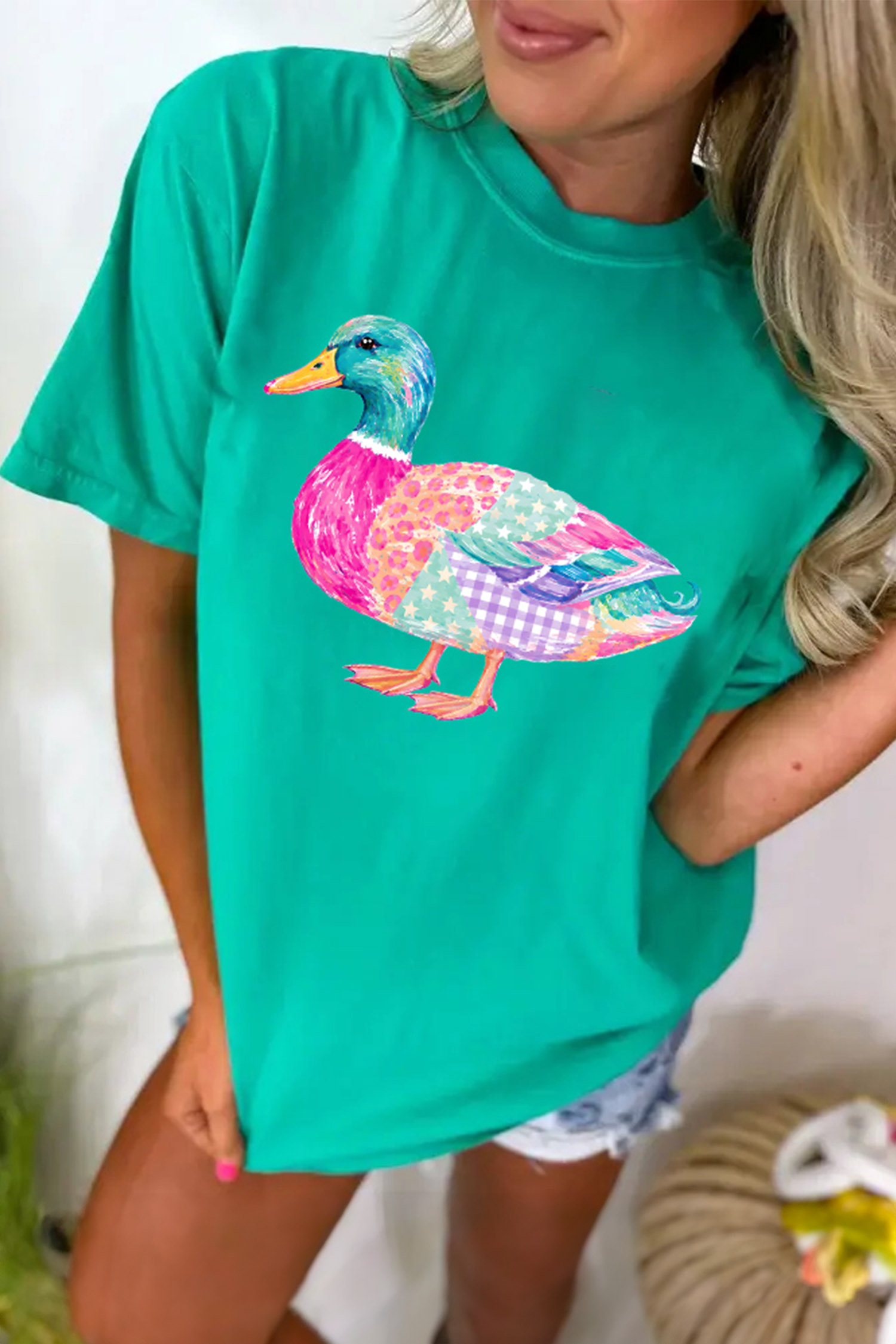 Mint Green Mallard Print Top, Women's Relaxed Summer T Shirt - Detail View 3