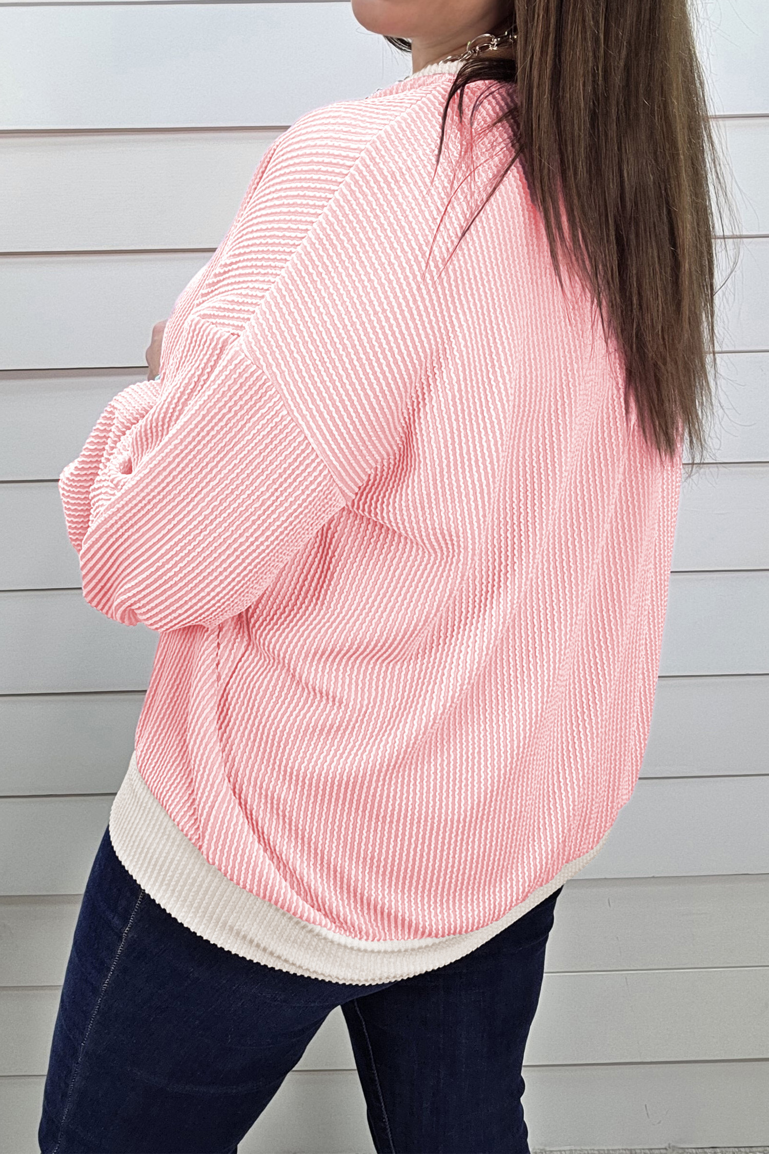 Women's Casual Knit Blouse, Long Sleeve Colorblock Pullover - Detail View 6