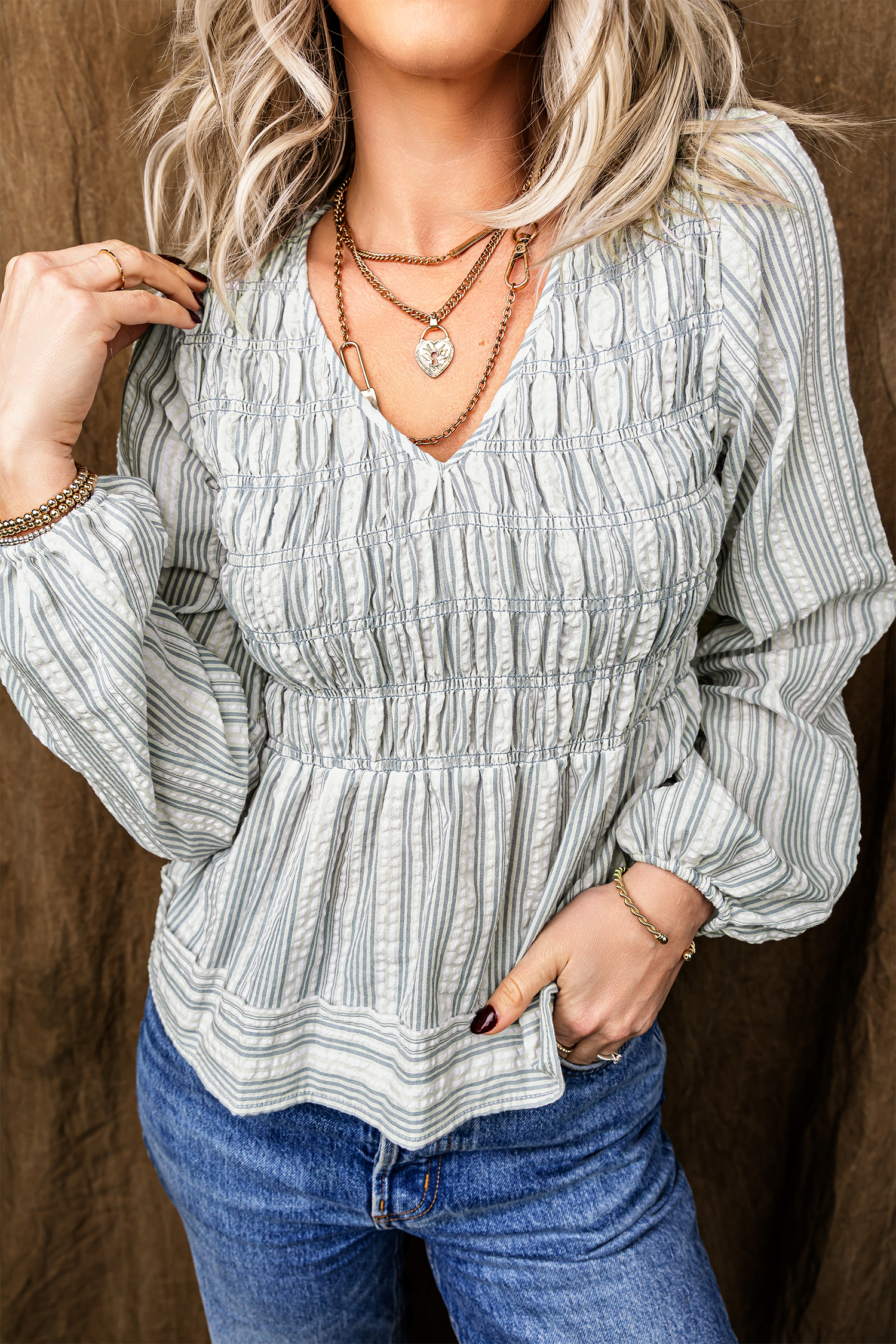 Casual Blue Stripe Blouse, Women's Textured V Neck Fall Shirt - Detail View 3