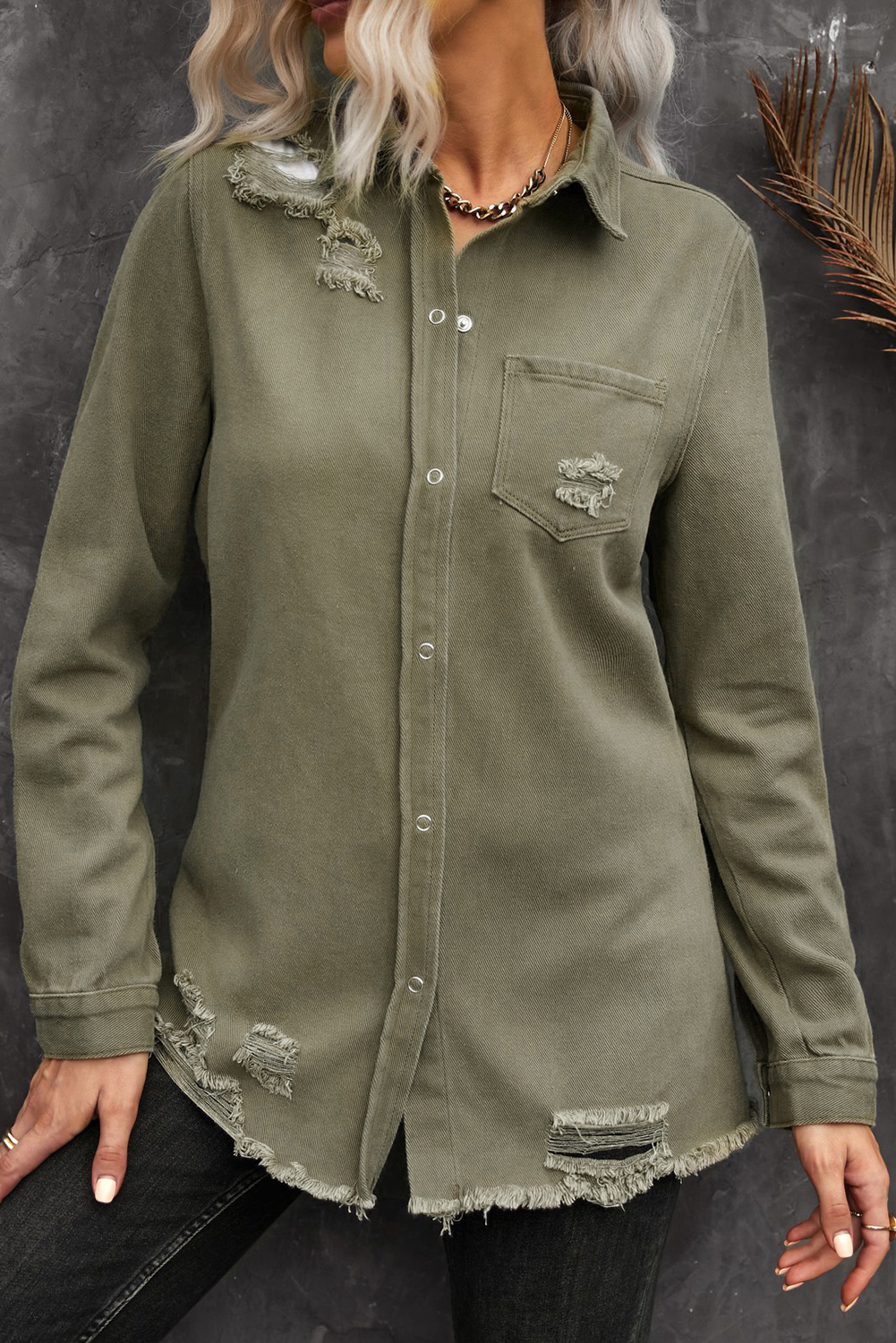Raw Hem Ripped Denim Shirt Jacket, Trendy Women's Shacket - Detail View 2