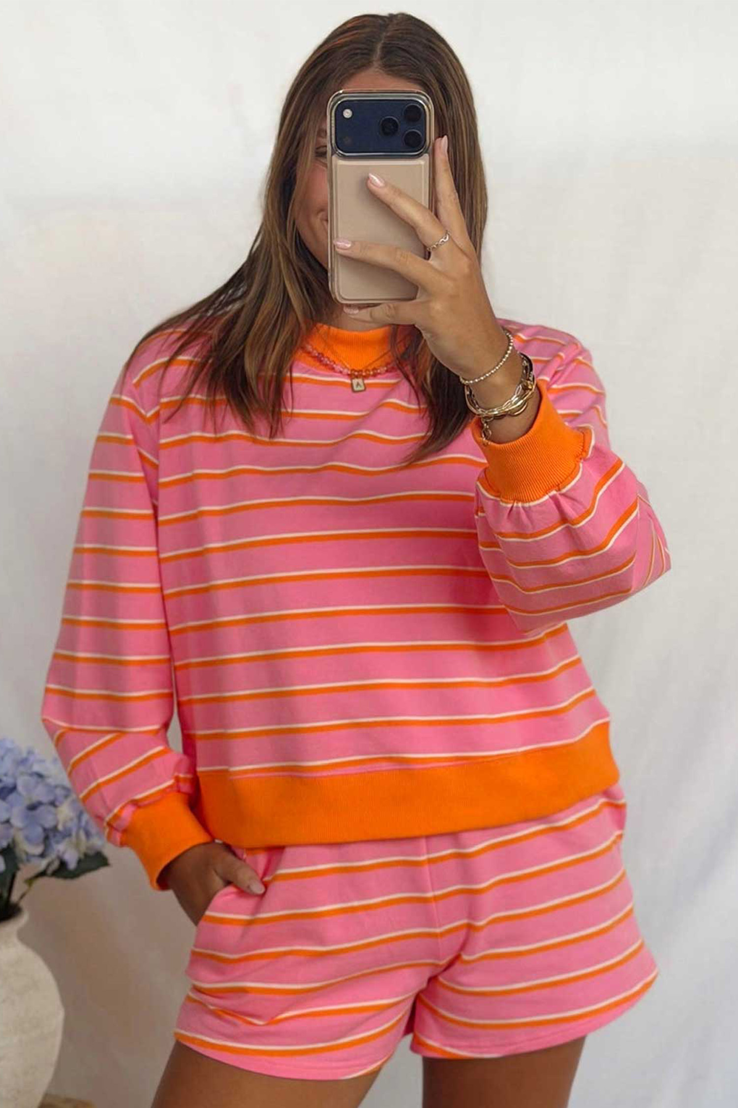 Vibrant Rose Stripe Lounge Set, Cozy Pullover Shorts Outfit - Detail View 3