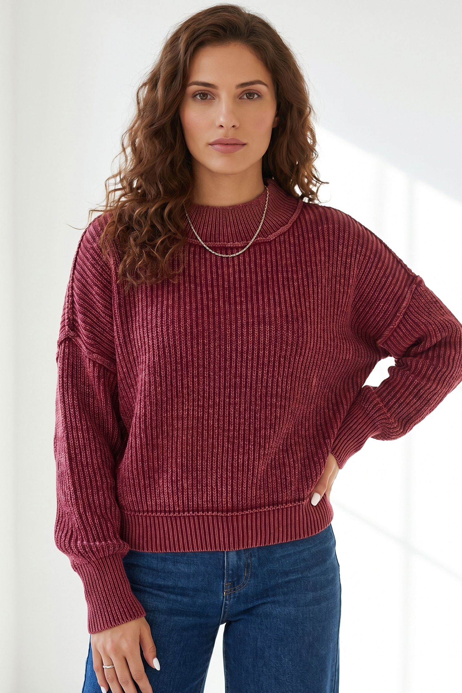 100% Cotton High Neck Women's Sweater, Cozy Drop Shoulder - Detail View 3