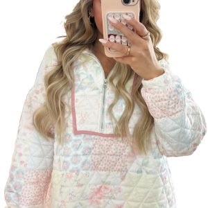 Women's Floral Quilted Sweatshirt, Casual Zip Collar Top - Main View