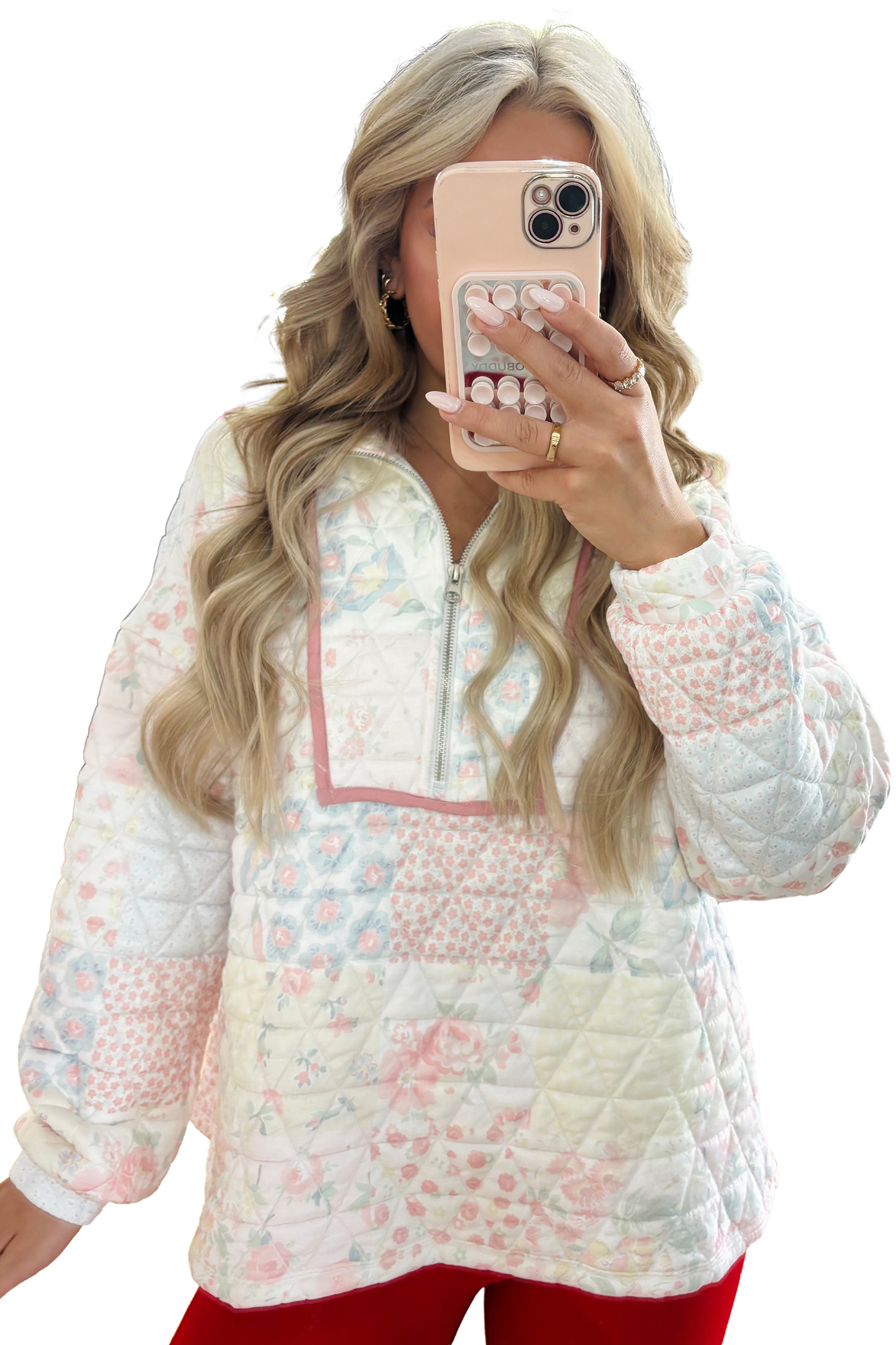 Women's Floral Quilted Sweatshirt, Casual Zip Collar Top - Main View