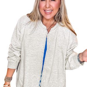 Women's Light Grey Zip Jacket, Casual Long Sleeve Sweatshirt - Main View