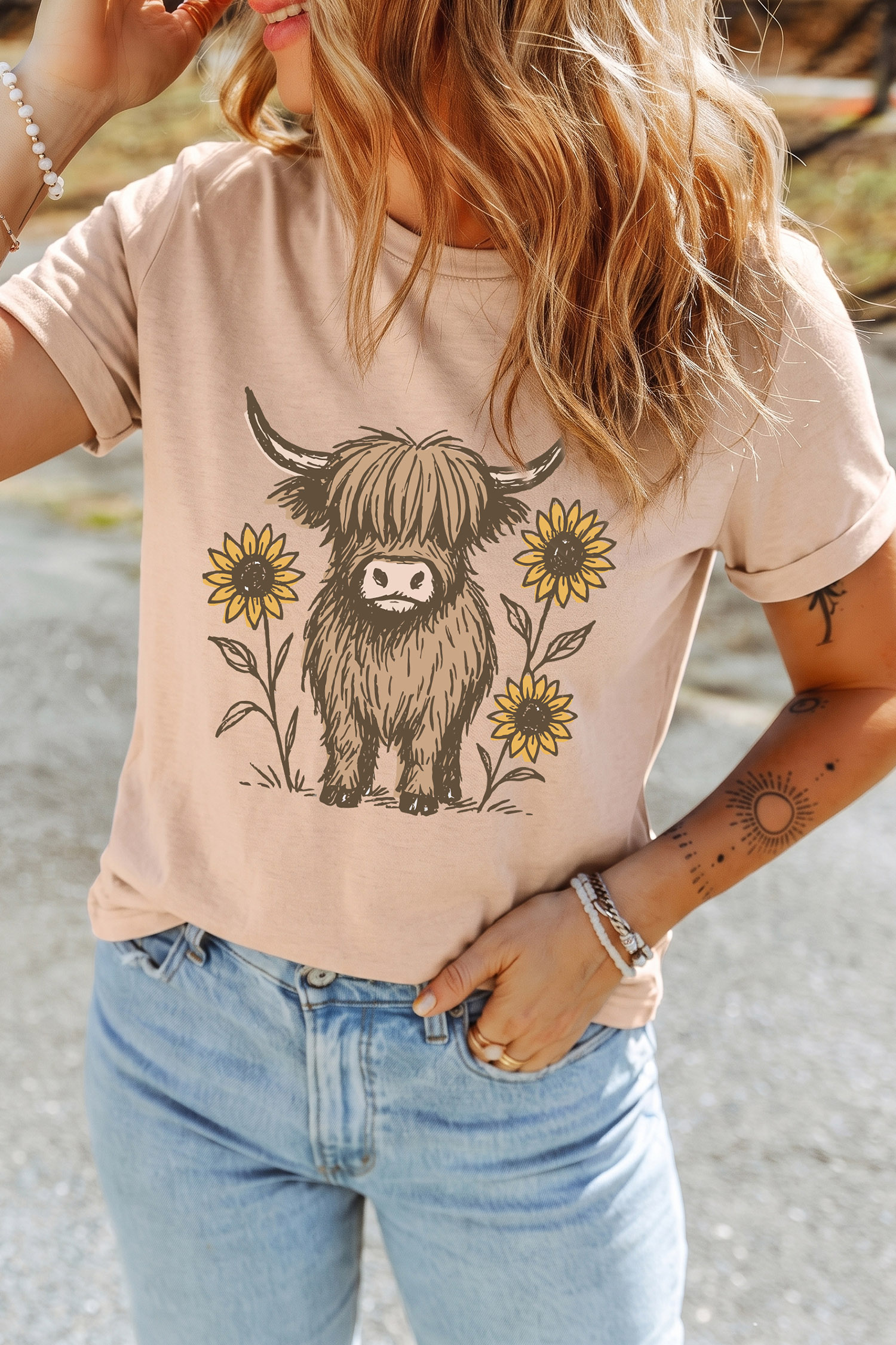 Soft Cotton Blend Highland Cow Tee, Comfy Women's Top - Detail View 3