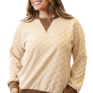 Women's Checkered Knit Top, Long Sleeve Casual Pullover - Main View