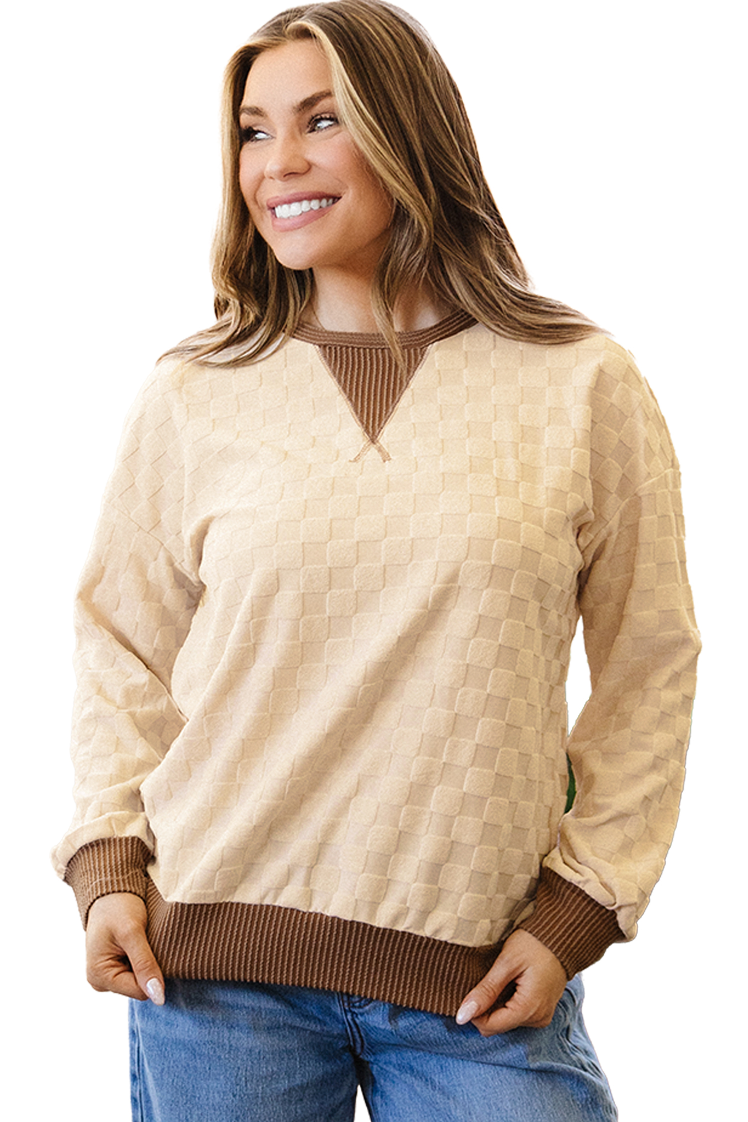 Women's Checkered Knit Top, Long Sleeve Casual Pullover - Main View