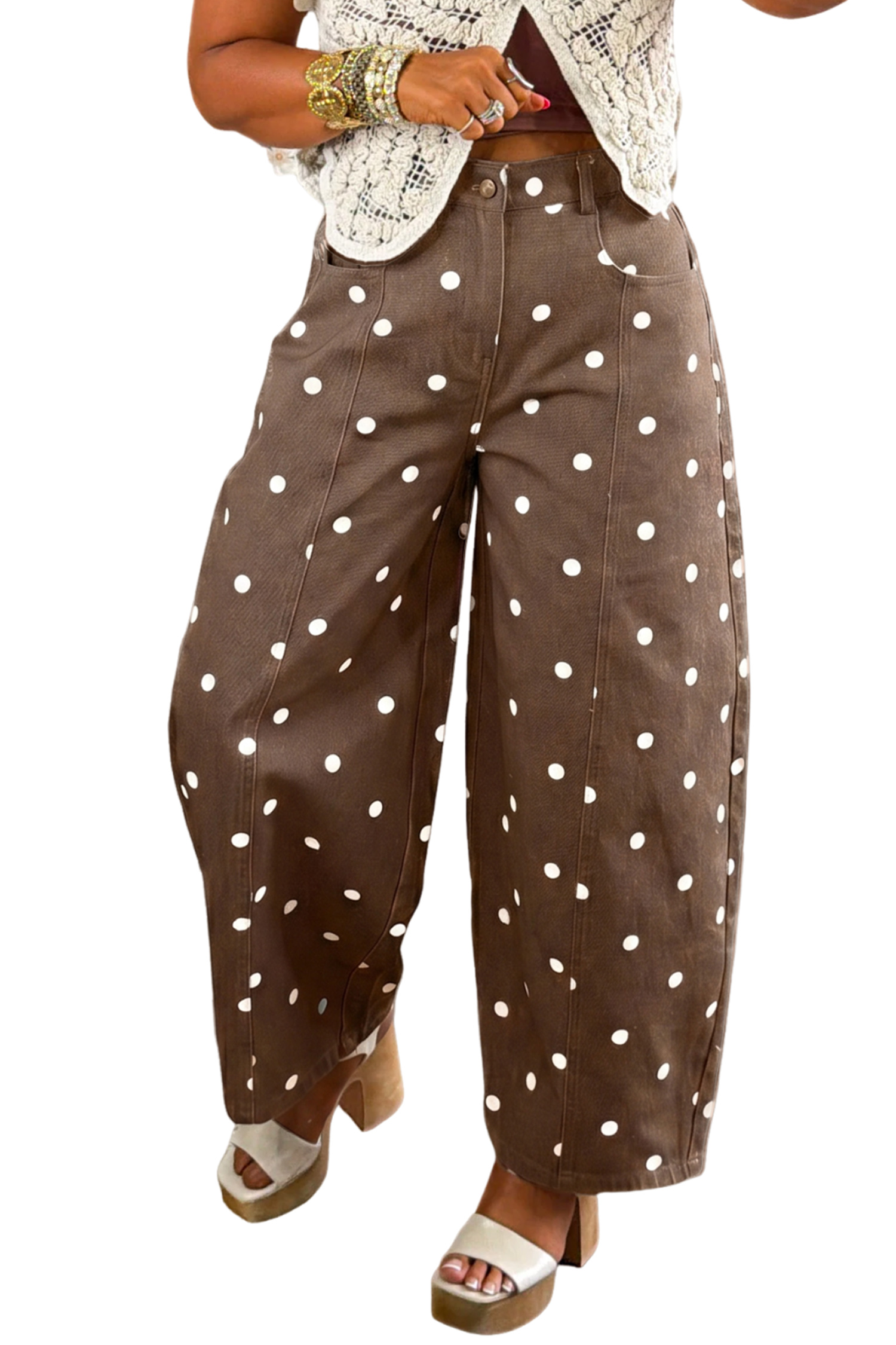 Women's Polka Dot Barrel Jeans, Brown High Waisted Denim - Main View