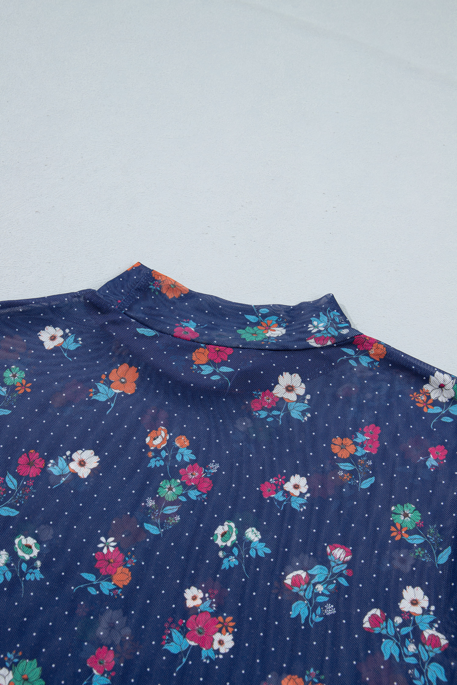 Women's Blue Floral Mesh Top, Long Sleeve High Neck Blouse - Detail View 10