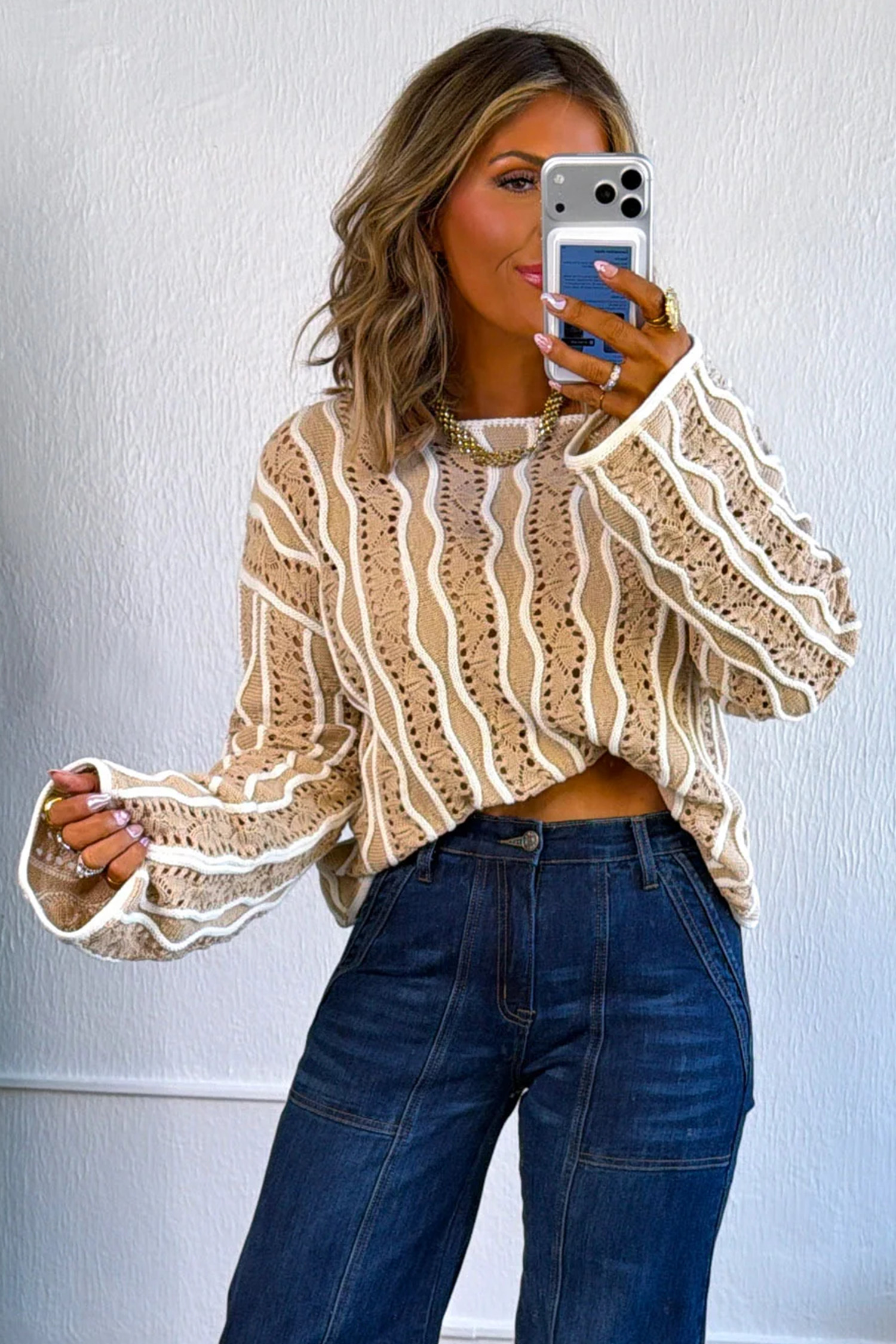 Women's Wavy Crochet Sweater, Long Sleeve Cotton Knit Top - Detail View 7
