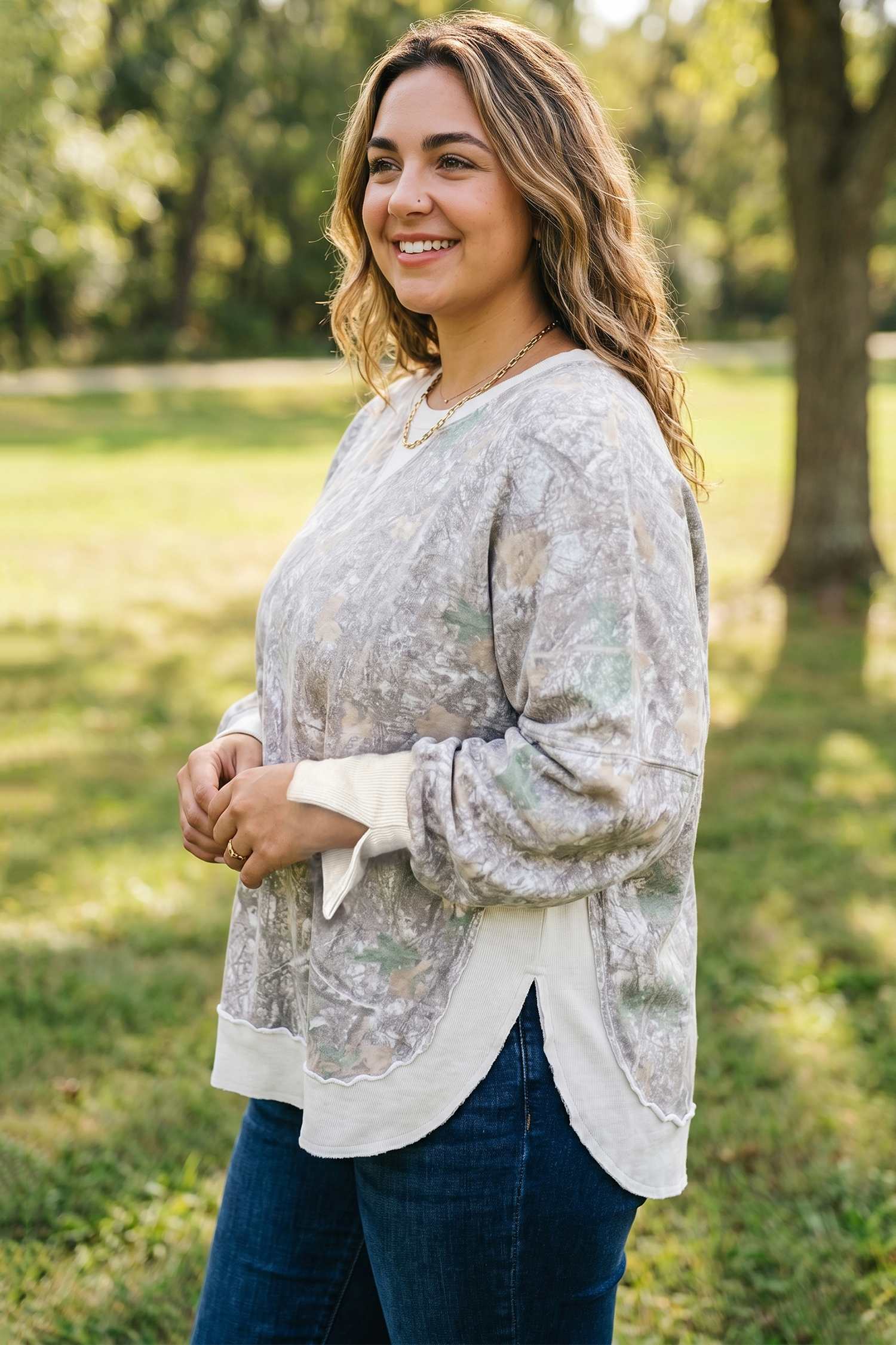 Stylish Khaki Camouflage Top, Relaxed Fit Round Neck Shirt - Detail View 2