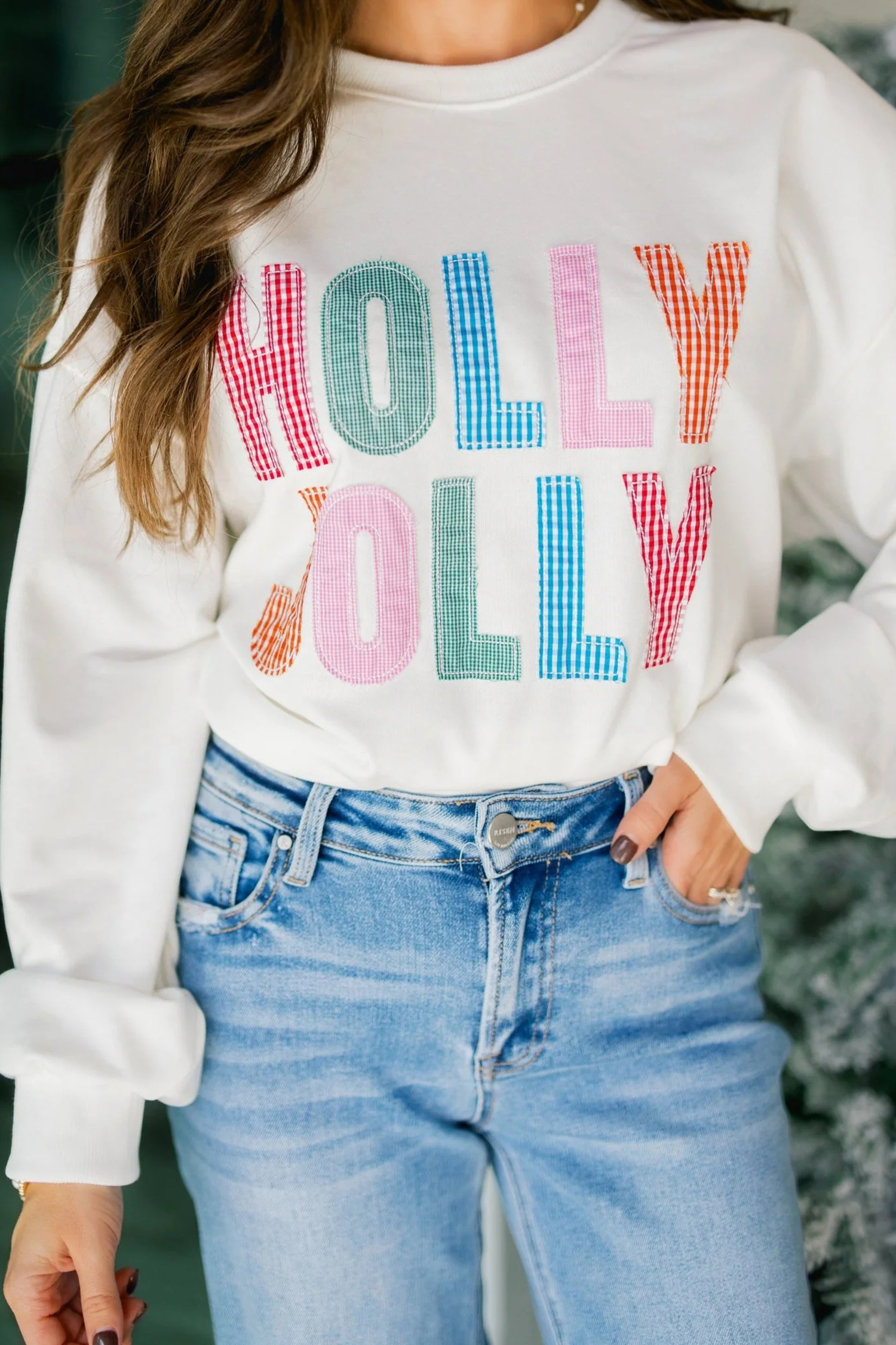 Women's Christmas Sweatshirt, Casual Holly Jolly Crewneck - Detail View 10