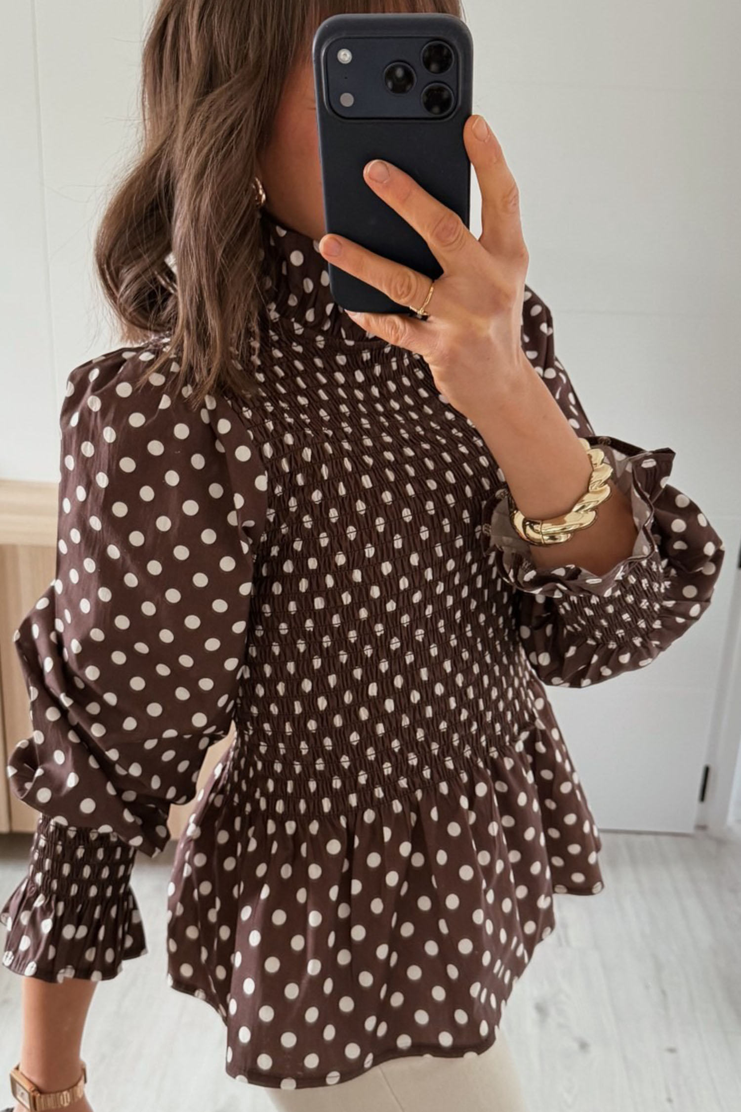 Women's Polka Dot Blouse, Elegant High Neck Shirred Top - Detail View 7