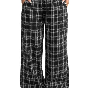 Plaid Women's Wide Leg Pants, Casual Drawstring Daily Wear - Main View