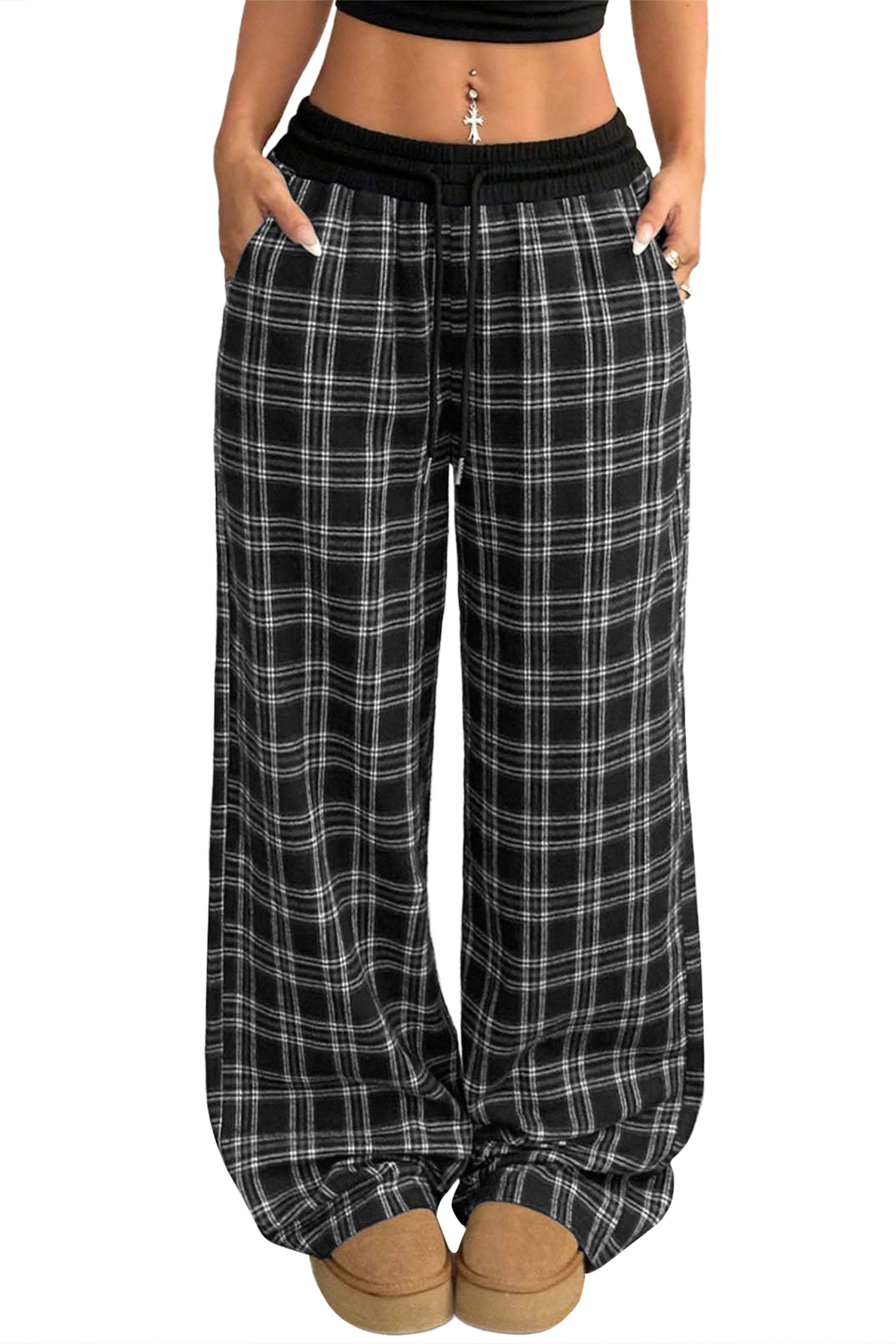 Plaid Women's Wide Leg Pants, Casual Drawstring Daily Wear - Main View