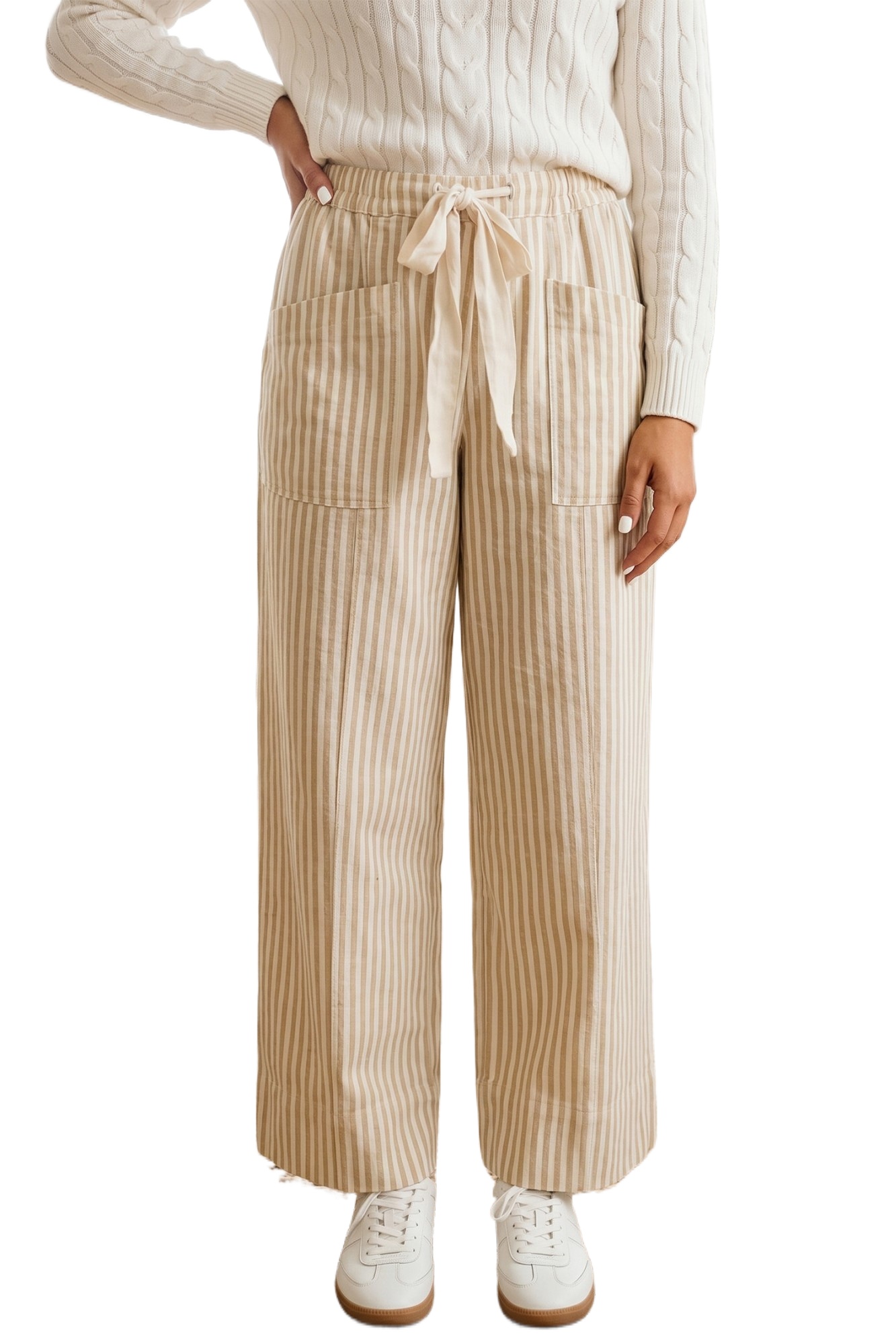 Women's Striped Drawstring Pants, Casual Daily Trousers - Main View