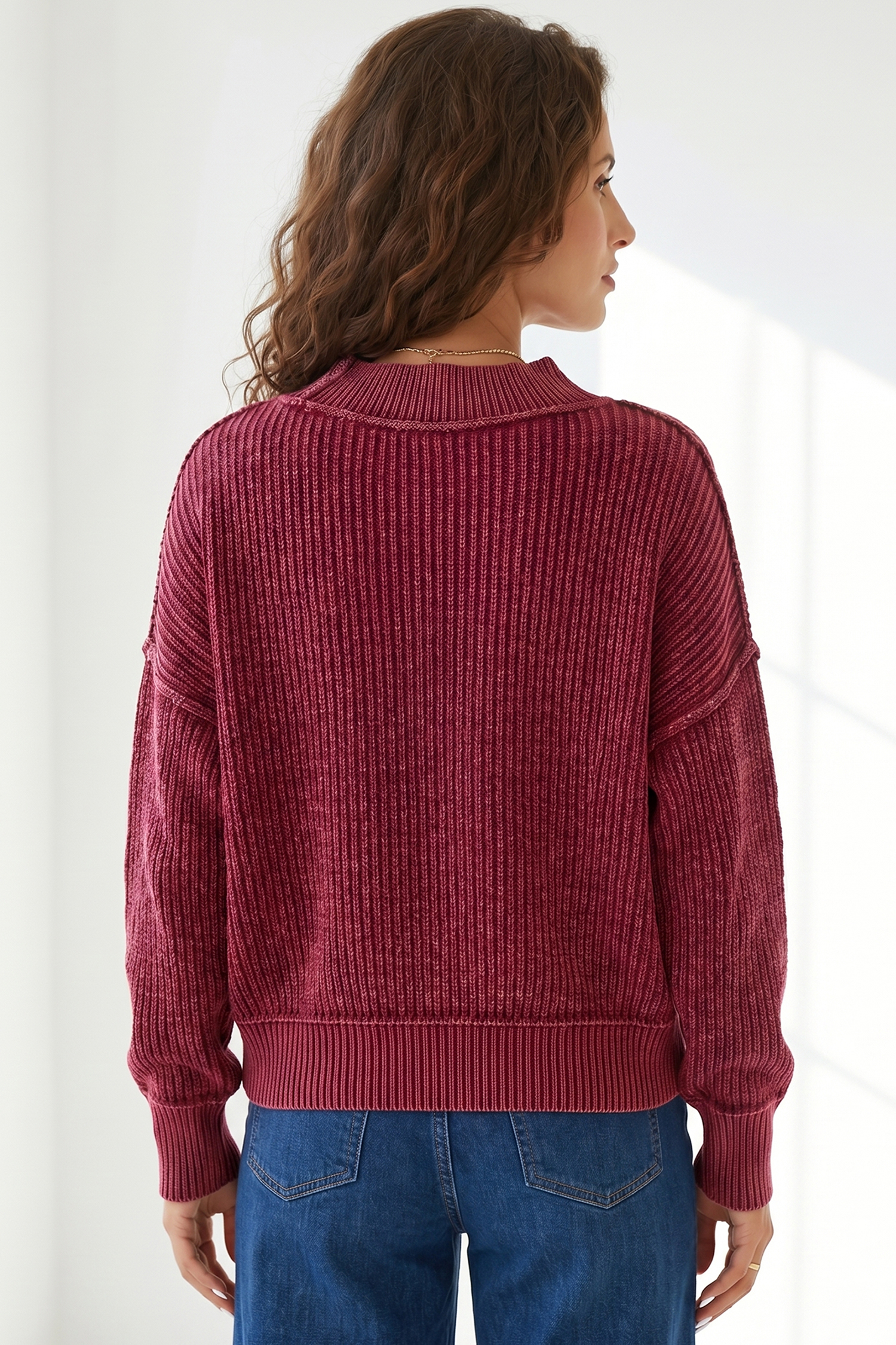 Washed Ribbed Knit Women's Sweater, Vintage Casual Style - Detail View 2