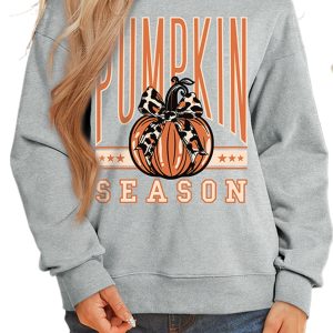 Women's Gray Pumpkin Sweatshirt, Casual Mock Neck Top - Main View