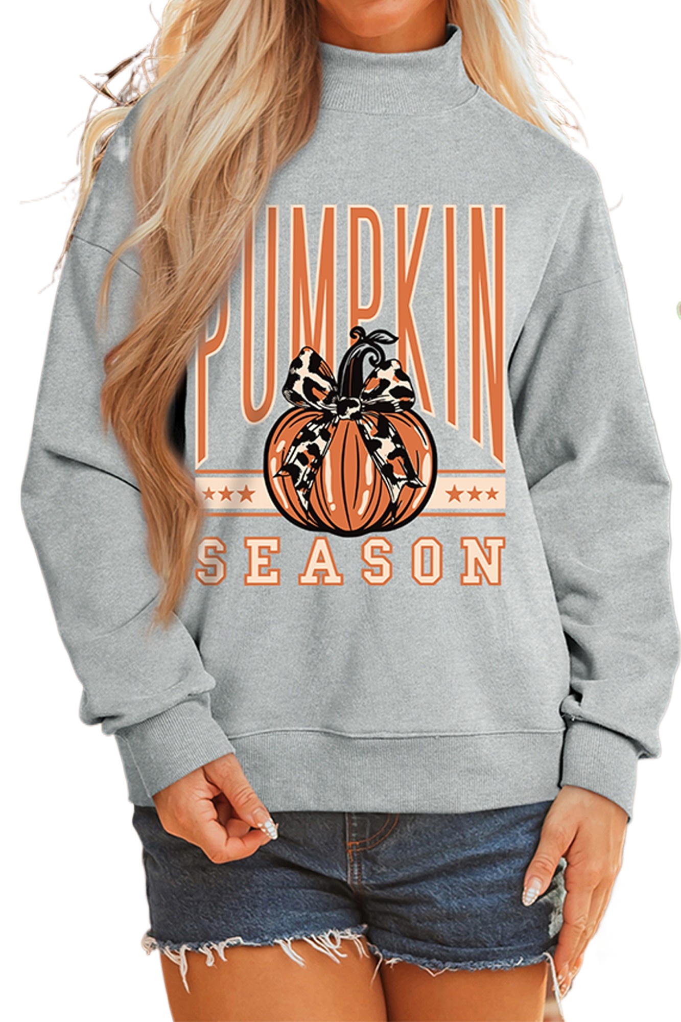 Women's Gray Pumpkin Sweatshirt, Casual Mock Neck Top - Main View