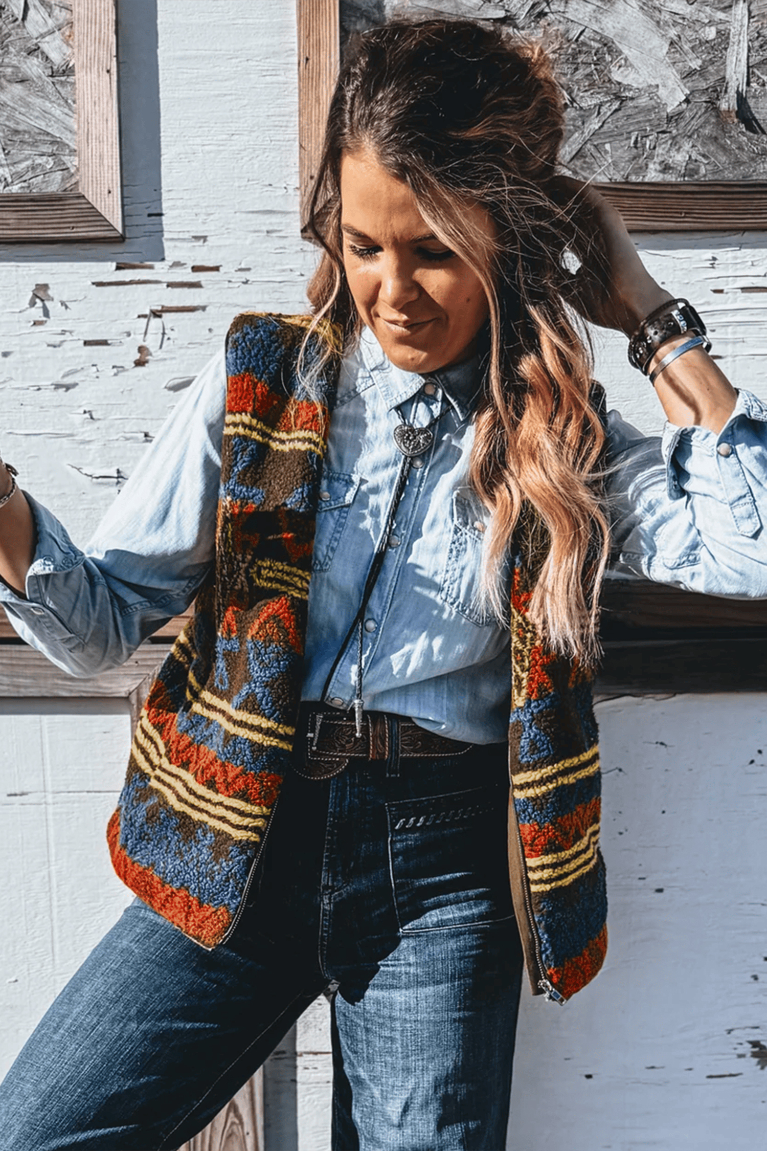 Casual Western Print Vest, Women's Sherpa Zip Up Winter Outer - Detail View 3