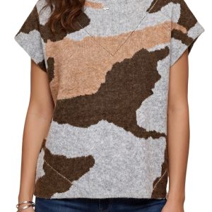 Women's Camouflage Mock Neck Sweater, Short Sleeve Knit Top - Main View