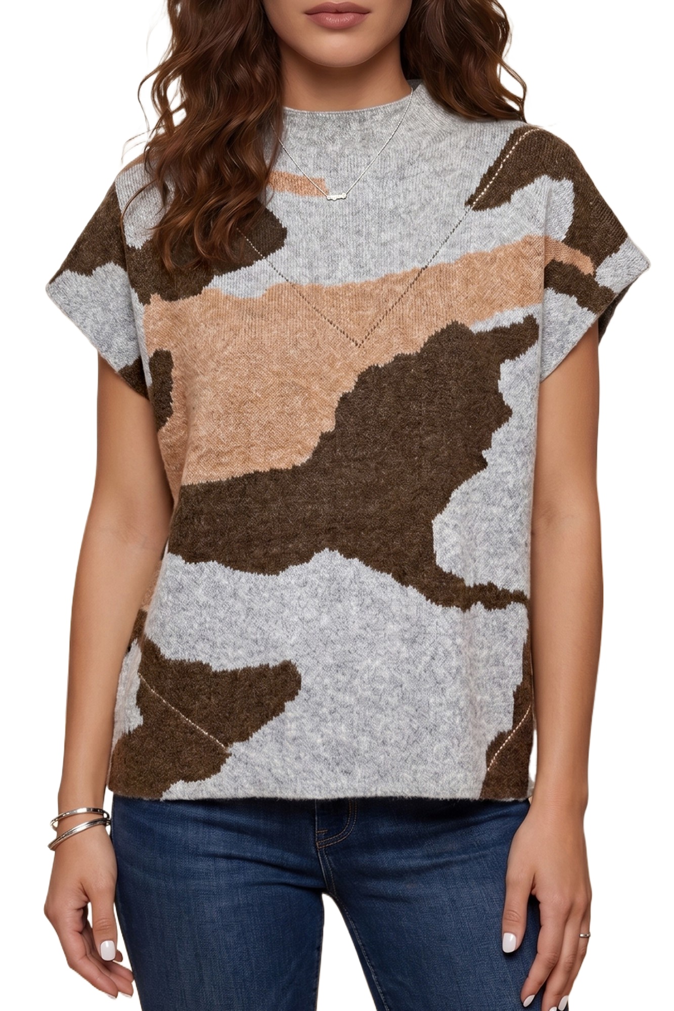 Women's Camouflage Mock Neck Sweater, Short Sleeve Knit Top - Main View