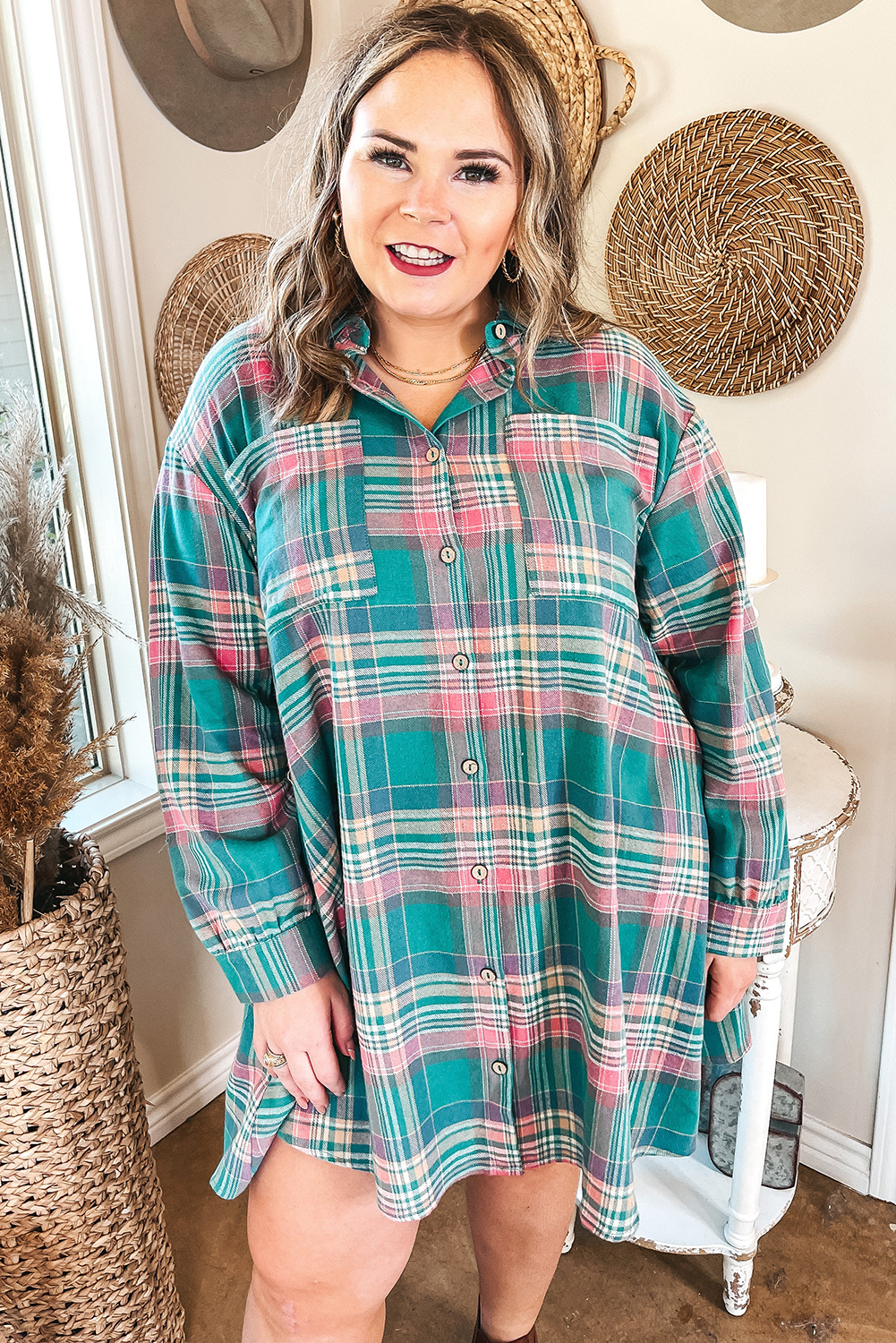 Women's Plaid Button Up Dress, Casual Long Sleeve Shift Fit - Detail View 7