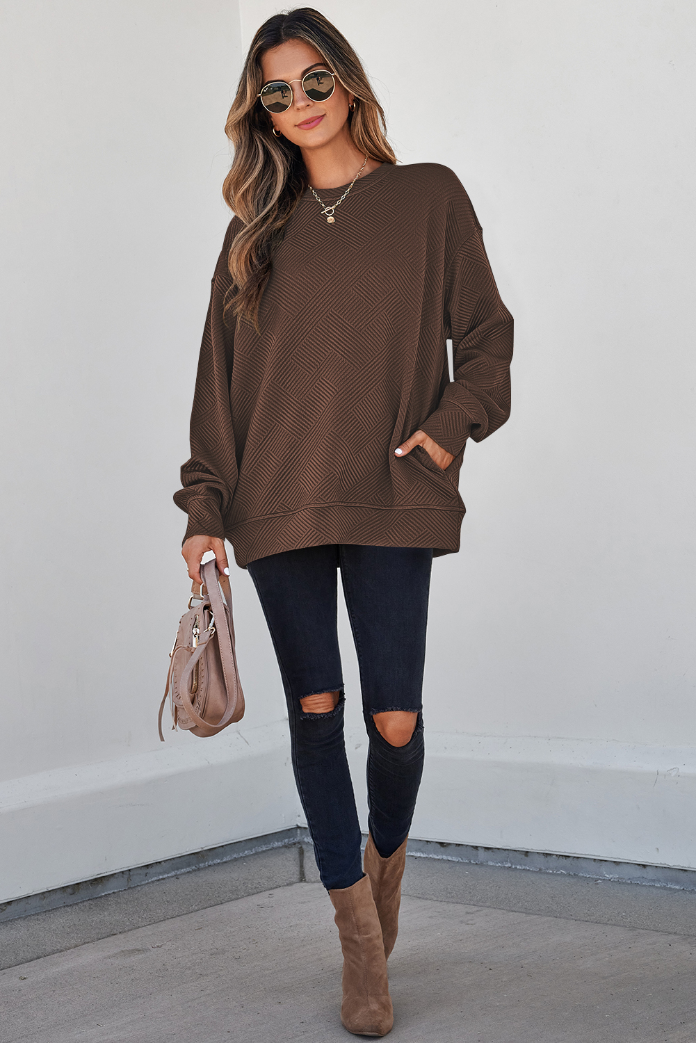 Long Sleeve Coffee Sweatshirt, Textured Casual Pullover - Detail View 6