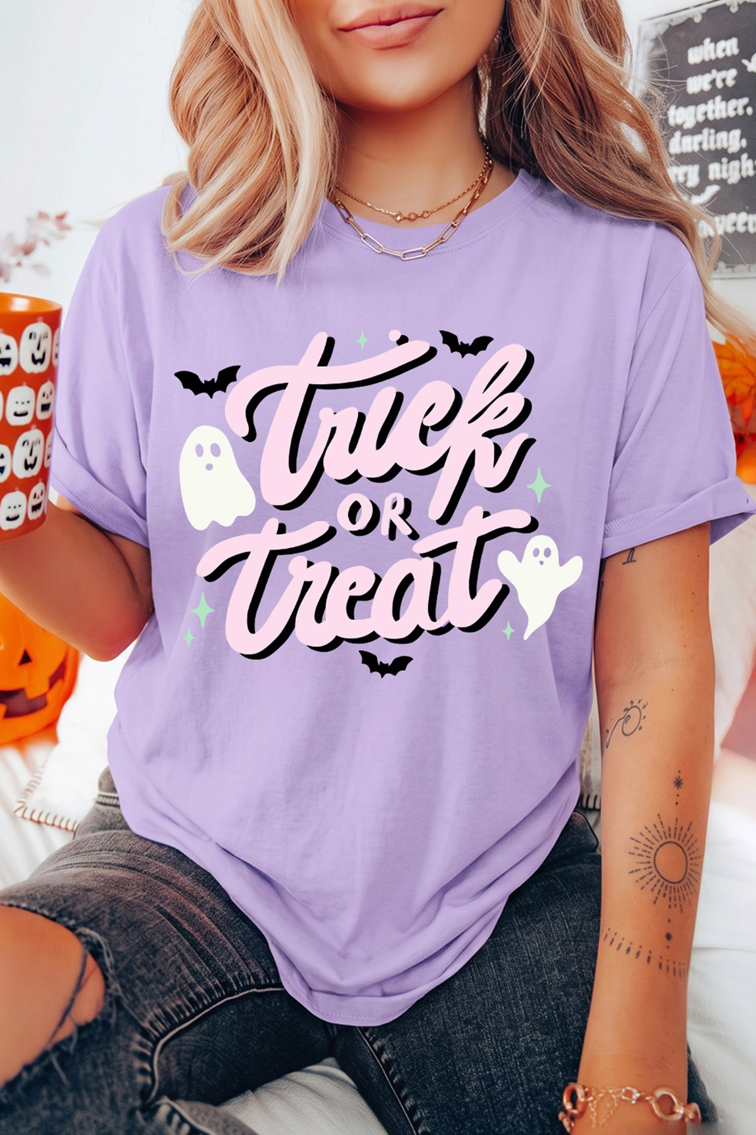 Graphic Halloween Tee, Orchid Petal Casual Short Sleeve Shirt - Detail View 5