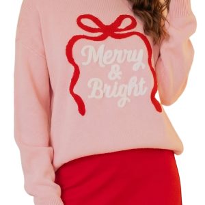 Women's Christmas Slogan Sweater, Gossamer Pink Pullover - Main View
