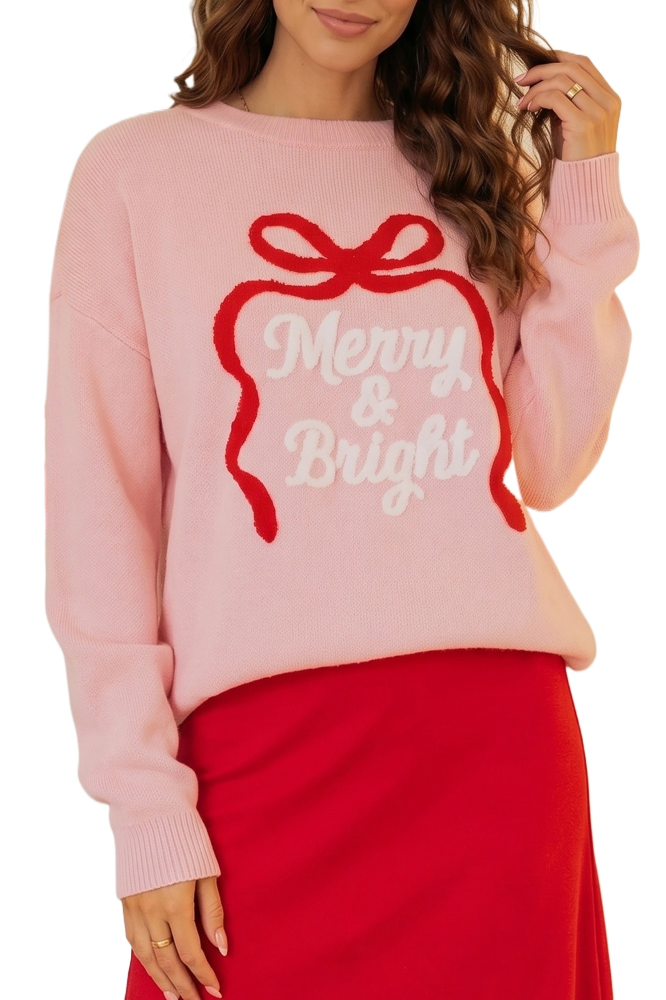 Women's Christmas Slogan Sweater, Gossamer Pink Pullover - Main View