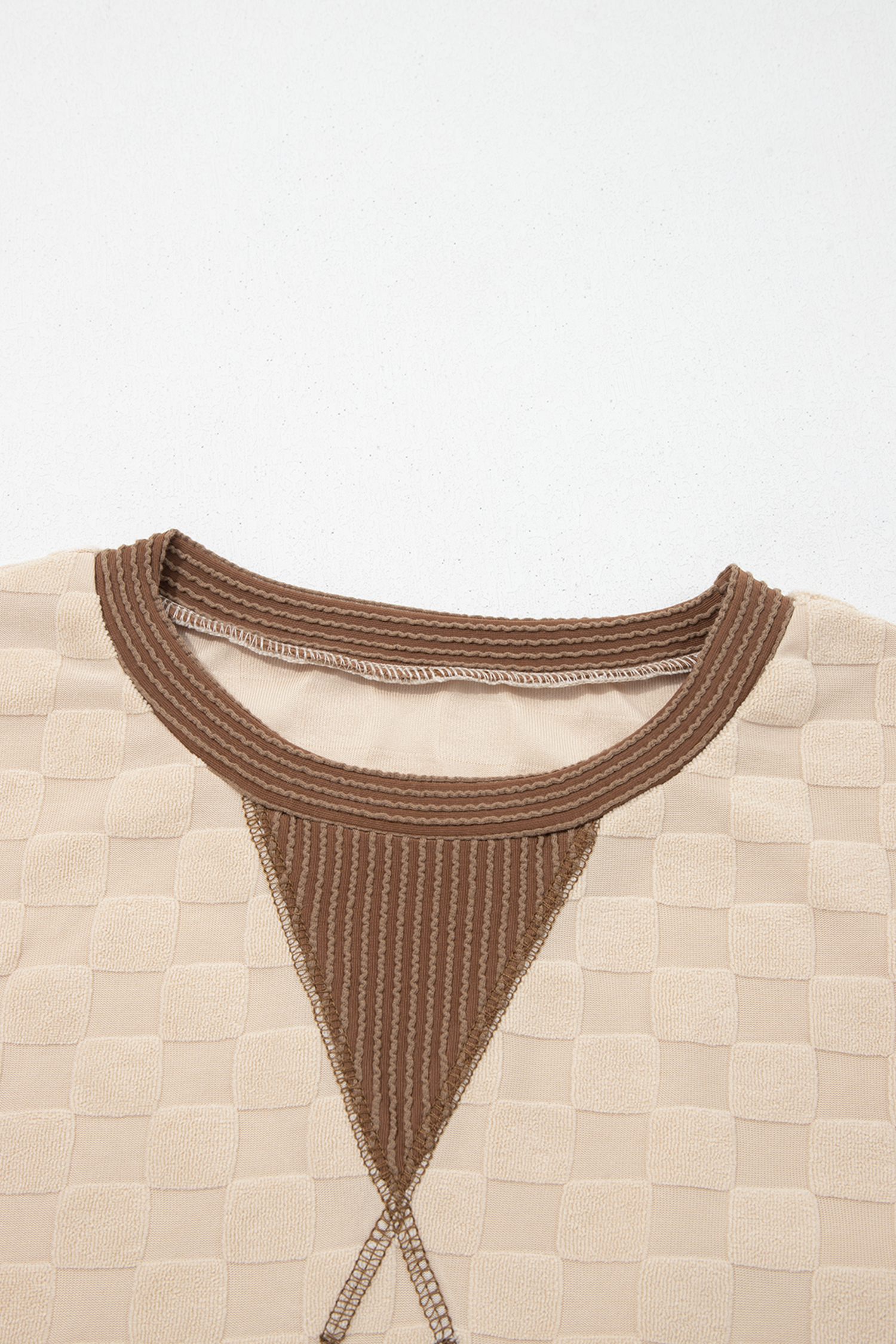 Textured Checkered Sweater, Contrast Trim Round Neck Top - Detail View 14