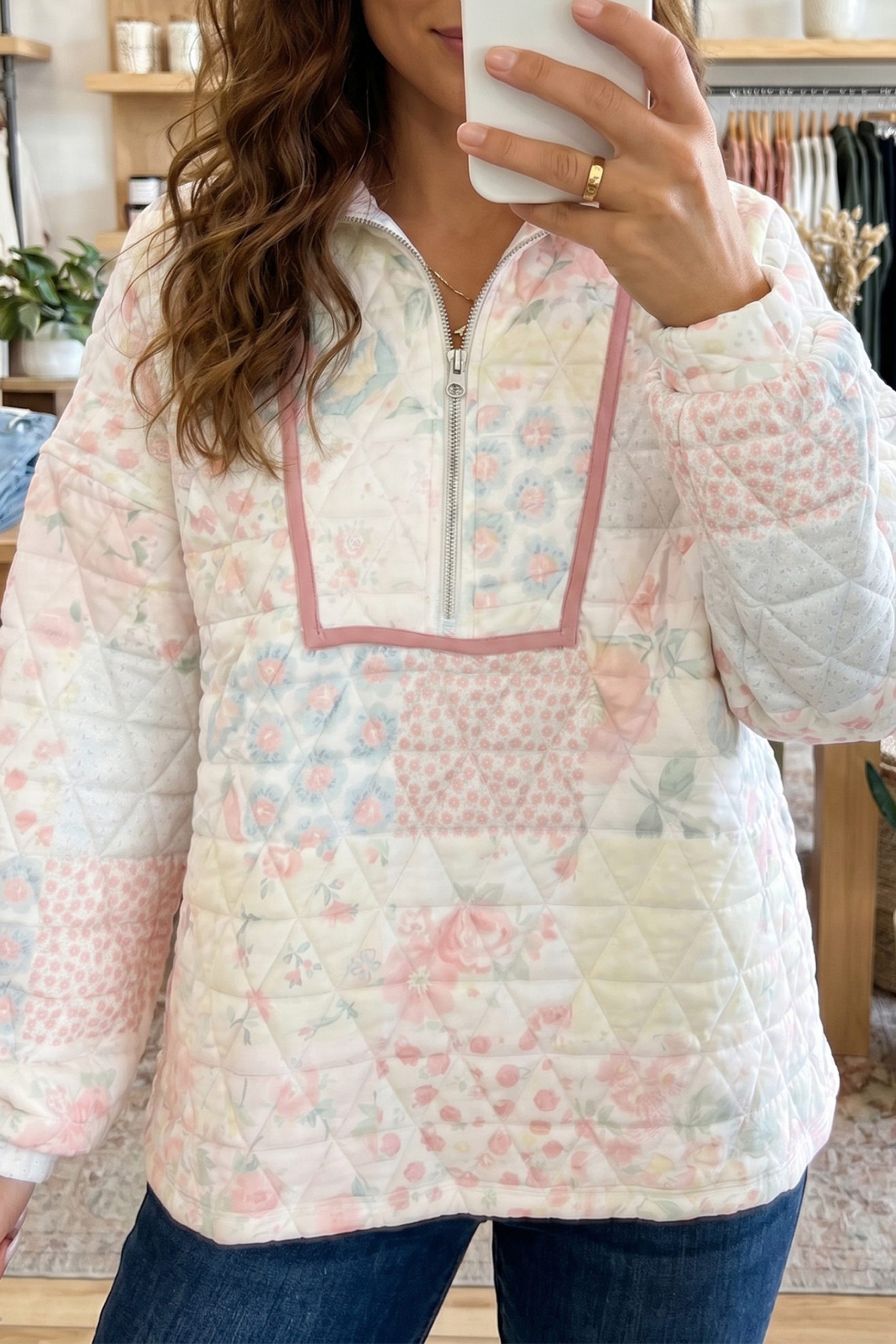 Women's Colorblock Quilted Sweatshirt, Winter Floral Top - Detail View 9