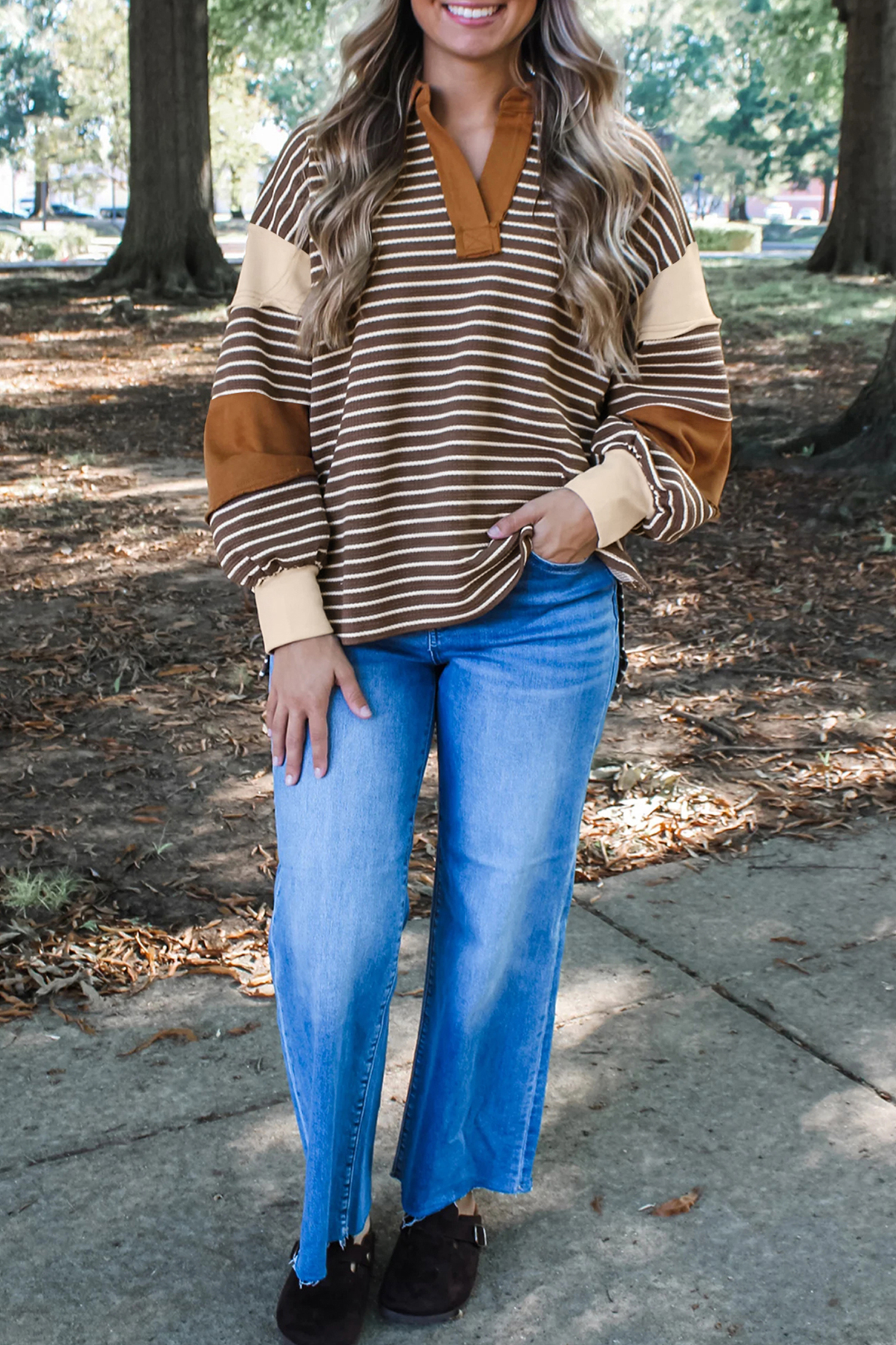 Women's Brown Stripe Pullover, Casual Waffle Knit Long Sleeve - Detail View 7