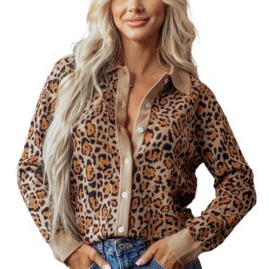 Women's Leopard Button Up Cardigan, Brown Long Sleeve Knit - Main View