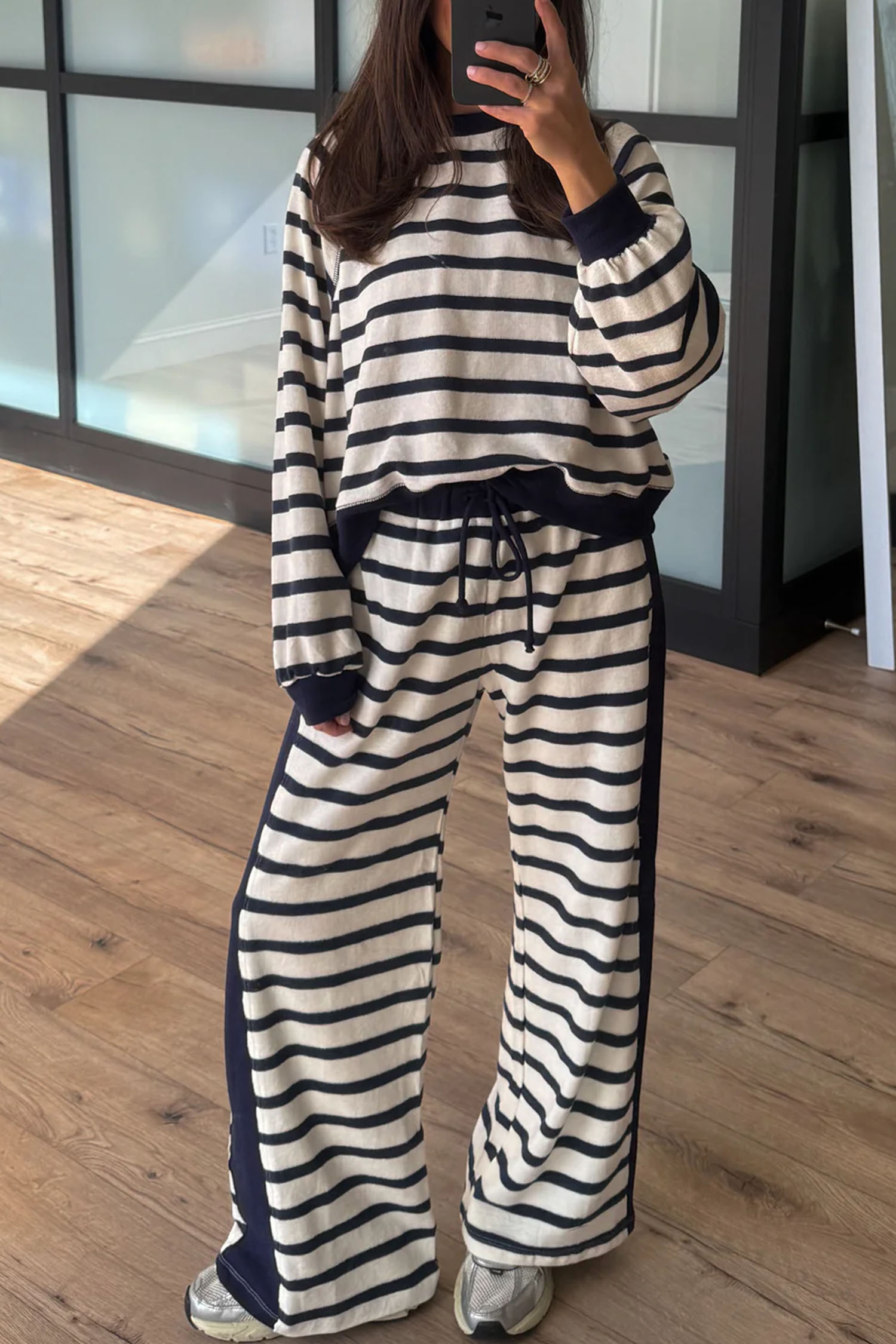 Cozy Knit Striped Pant Set, Soft Wide Leg Lounge Set Women - Detail View 6
